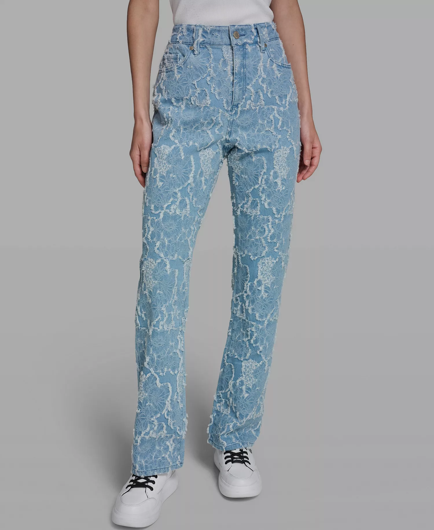 Women's Straight Floral Print Denim Pants - Sky Blue - 0
