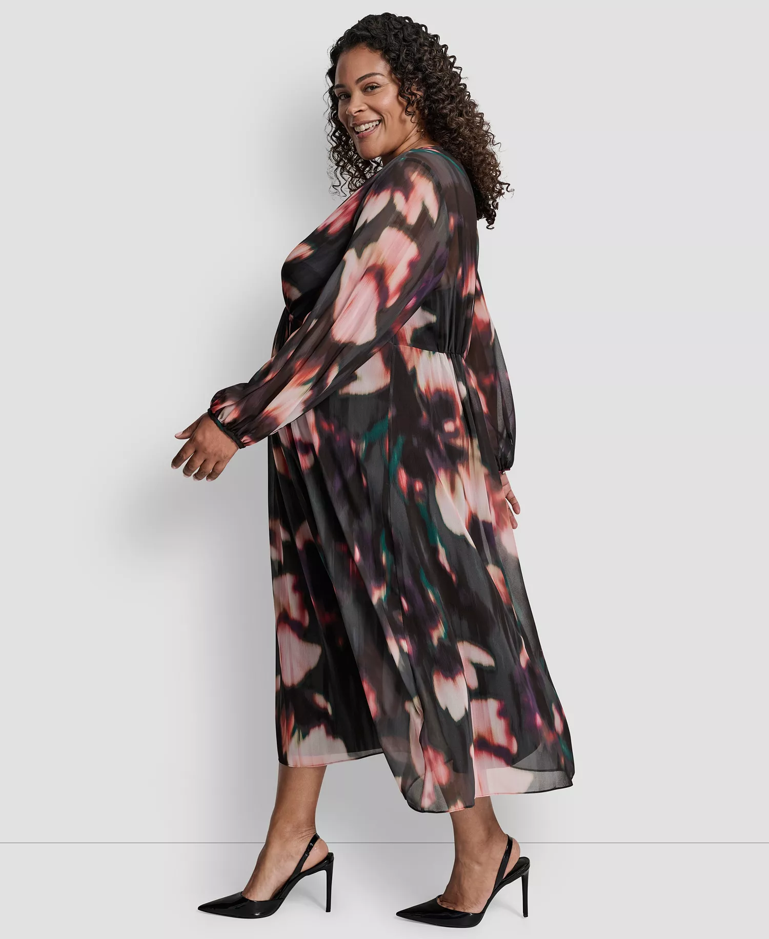 Plus Size Long Sleeve Empire Waist Maxi Dress - Pavilion Floral Chocolate - 16W