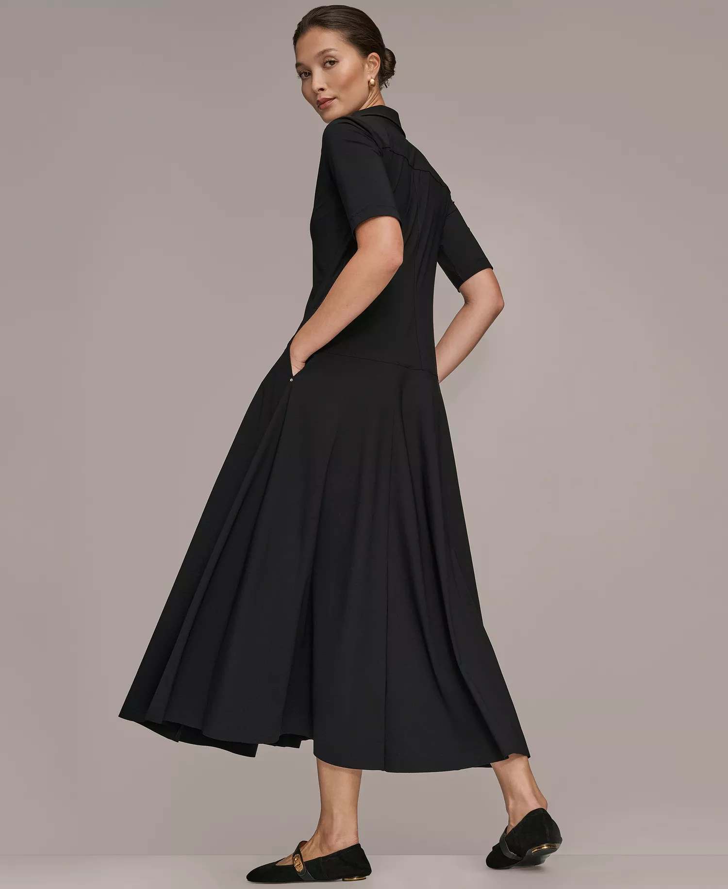 Women's Tricot Knit Elbow-Sleeve Polo Dress - Black - 10