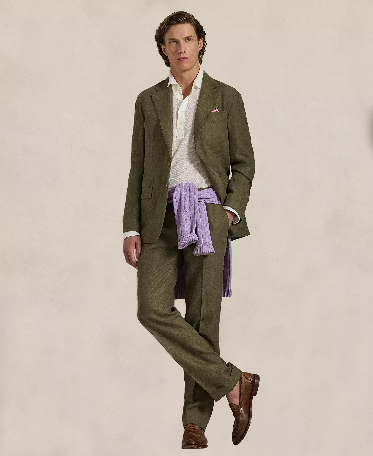 Men's Polo Soft Modern Linen Suit Jacket - Basic  Olive - 38