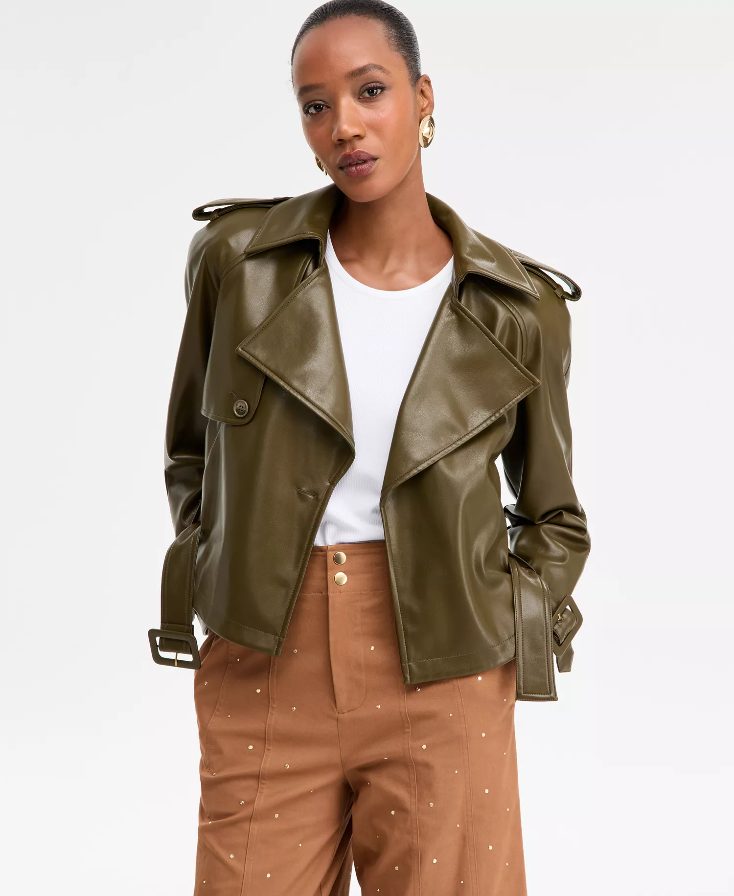 Women's Faux-Leather Biker Jacket, Macy's Exclusive  - Dark Olive - L