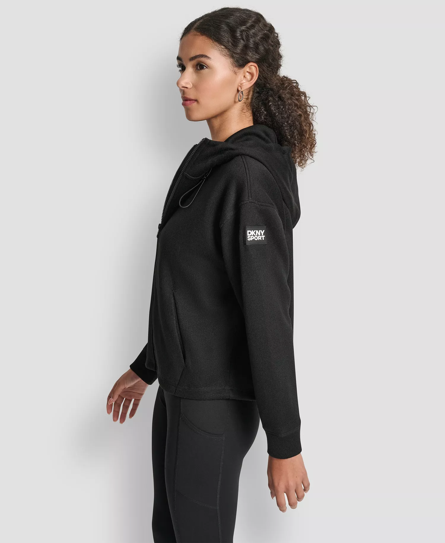 Women's Hooded Neck Zipper Jacket - Black - L