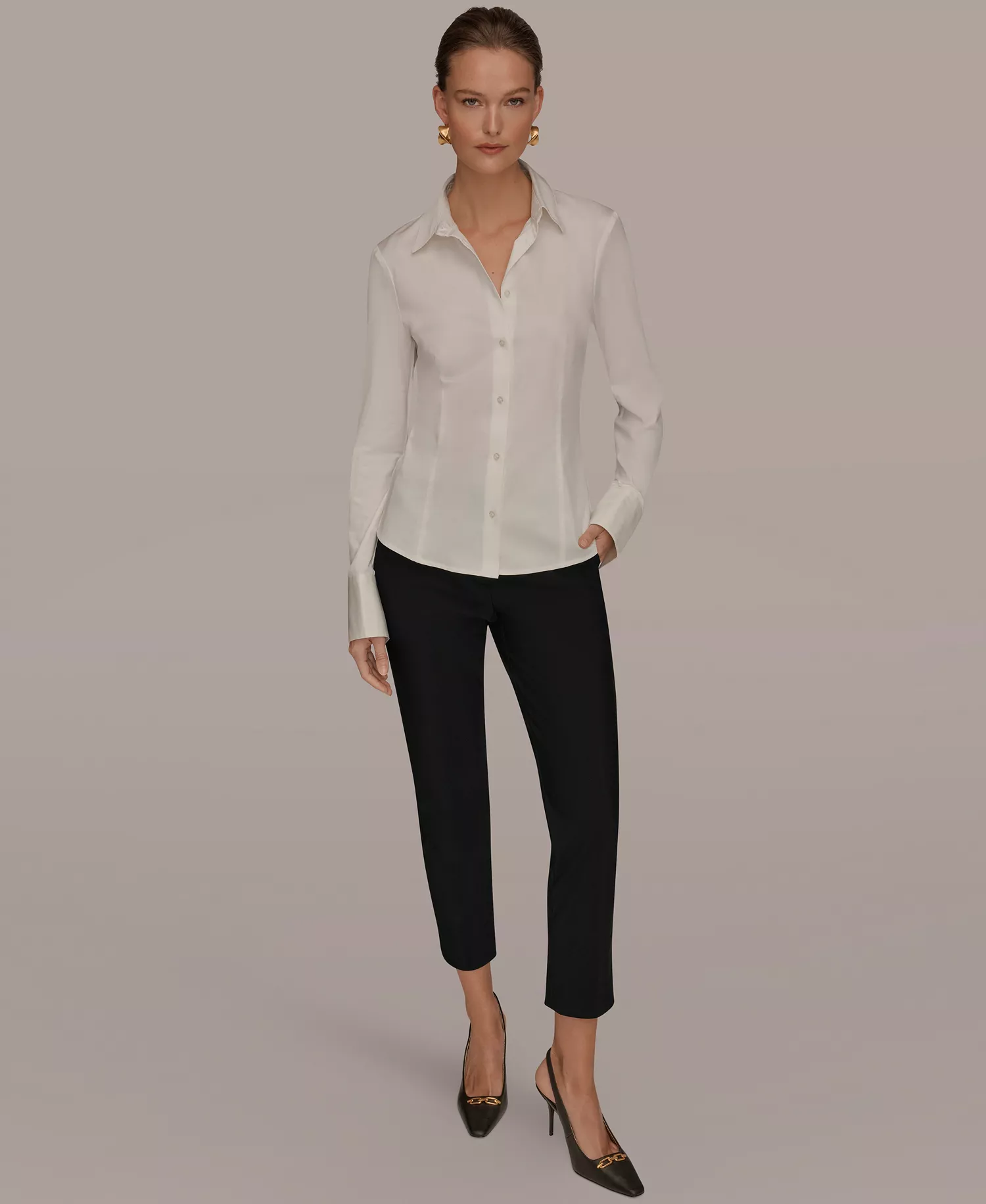 Women's Mixed Media Long-Sleeve Poplin Shirt - Cream - L