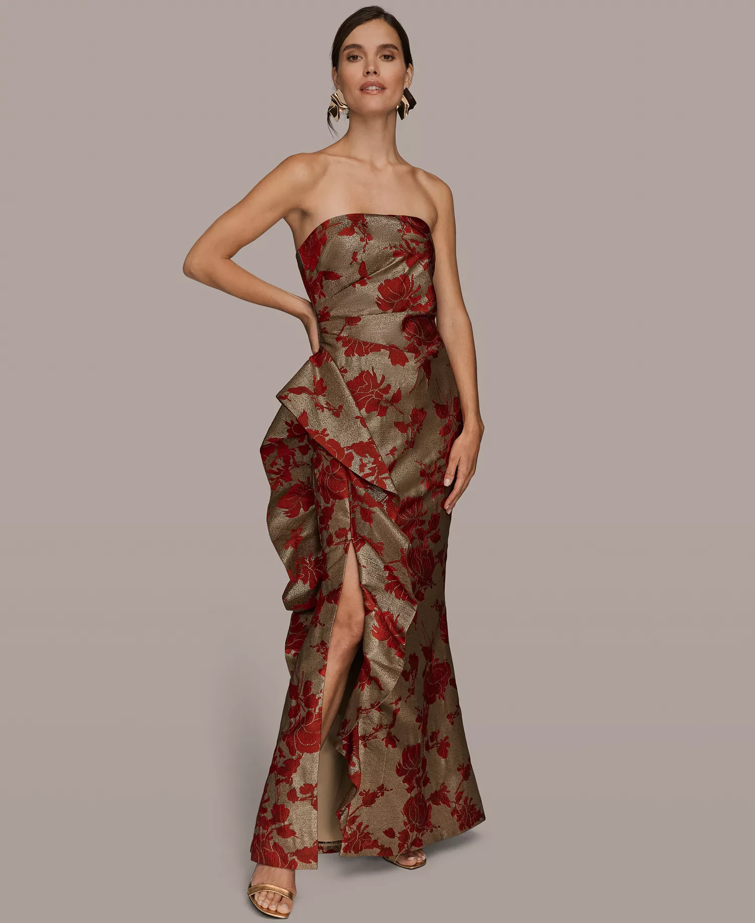 Women's Strapless Floral Gathered Ruffled Gown with Split Hem Dress - Gold/Autumn Red - 10