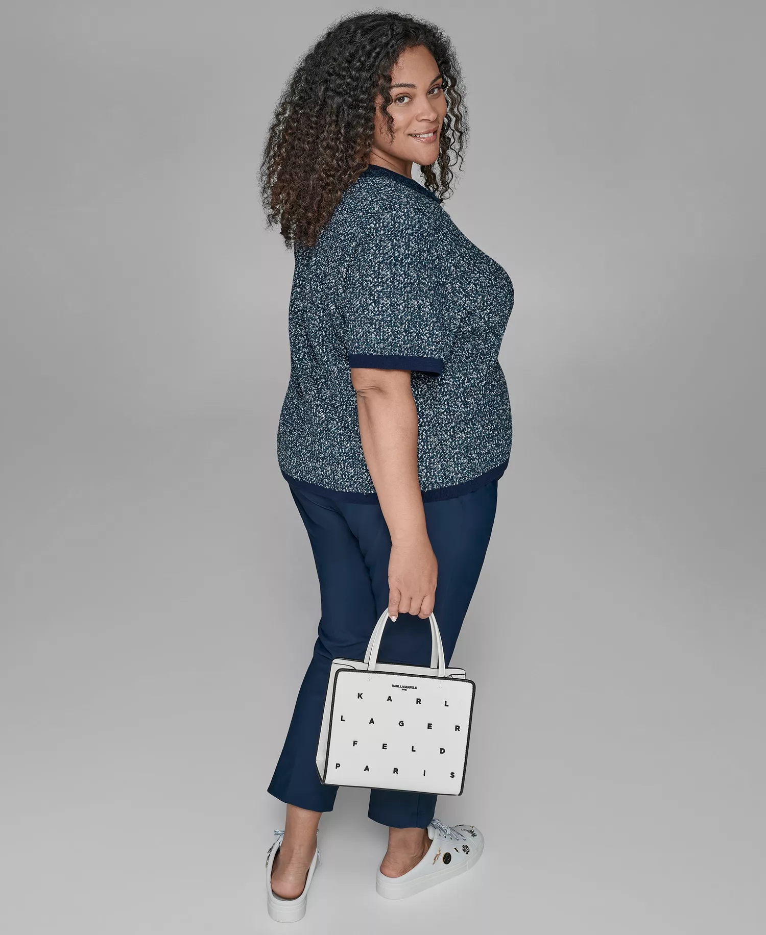 KARL LAGERFIELD PARIS Plus Size Short Sleeve Crew Sweater - Blue Soft White - 0X