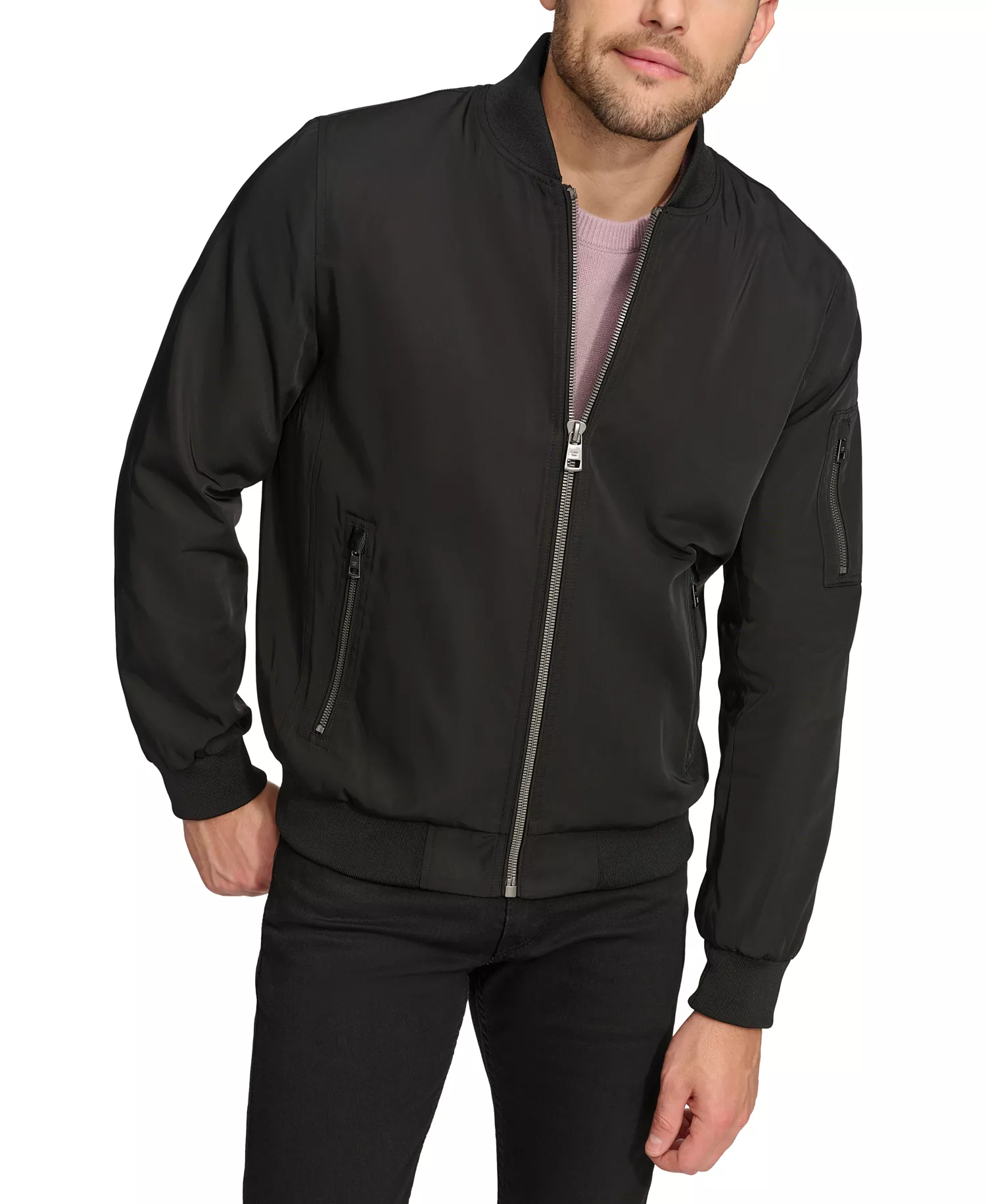 Men's Solid-Color Zipper Flight Jacket - Black - L