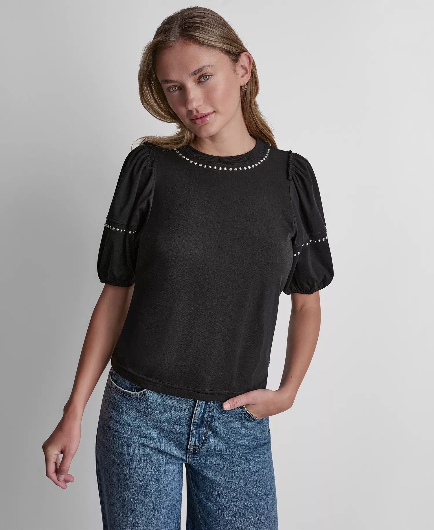 Women's Dome Studs Mini Sleeve T-Shirt - Black/shiny Silver - L