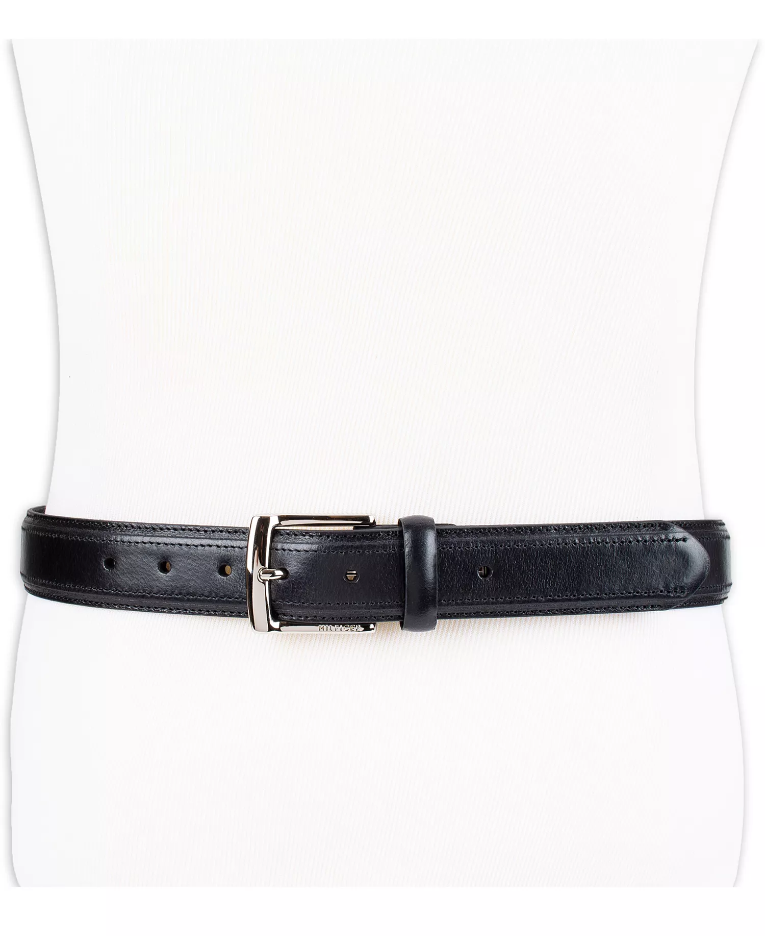 Men’s Stitched Classic Dress Leather Belt - Black - L (38-40)