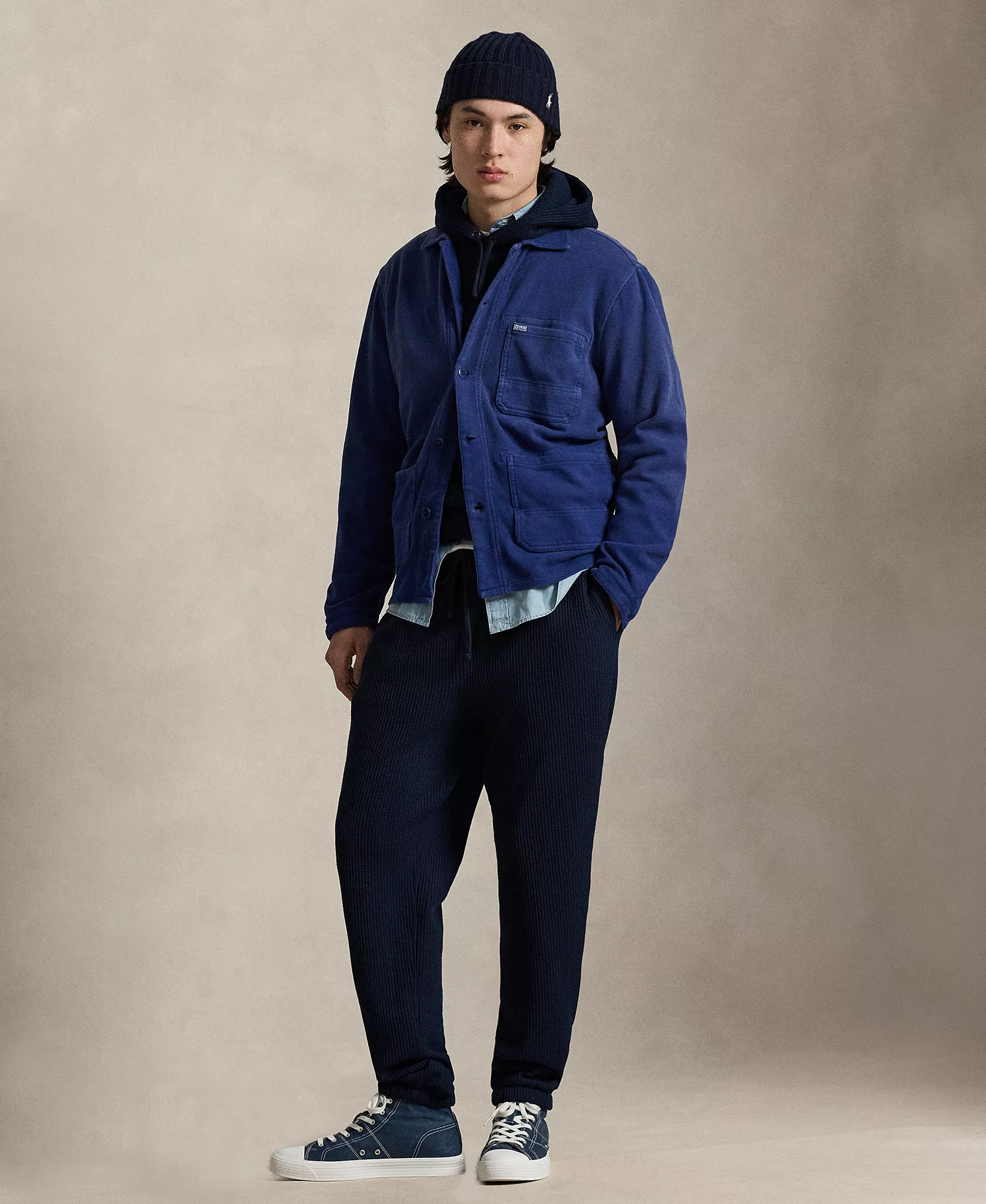 Men's Straight Collar Long-Sleeve Overshirt - Dark Navy - 2XL