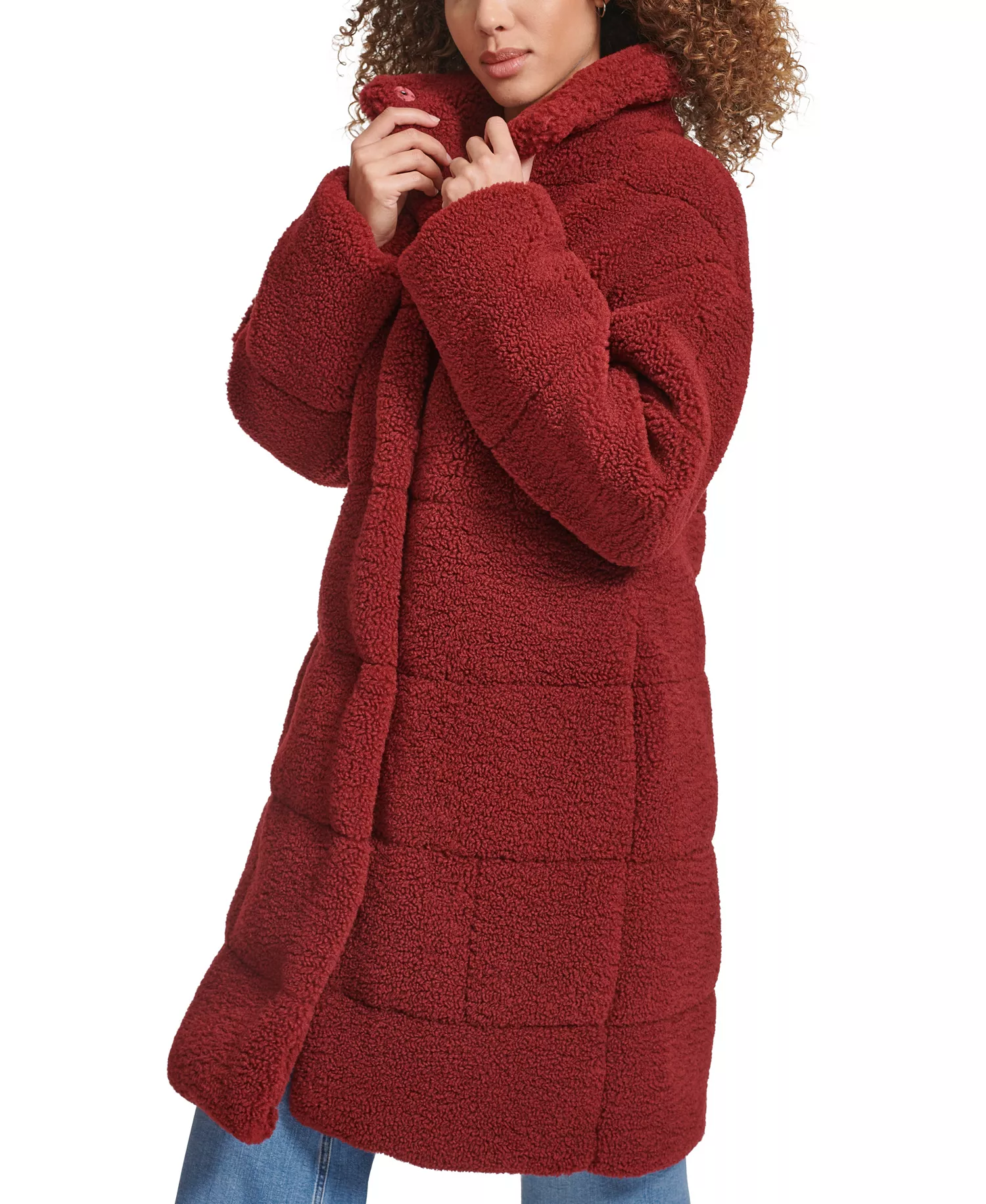 Women's Long Sherpa Snap-Closure Teddy Coat - Cabernet - L