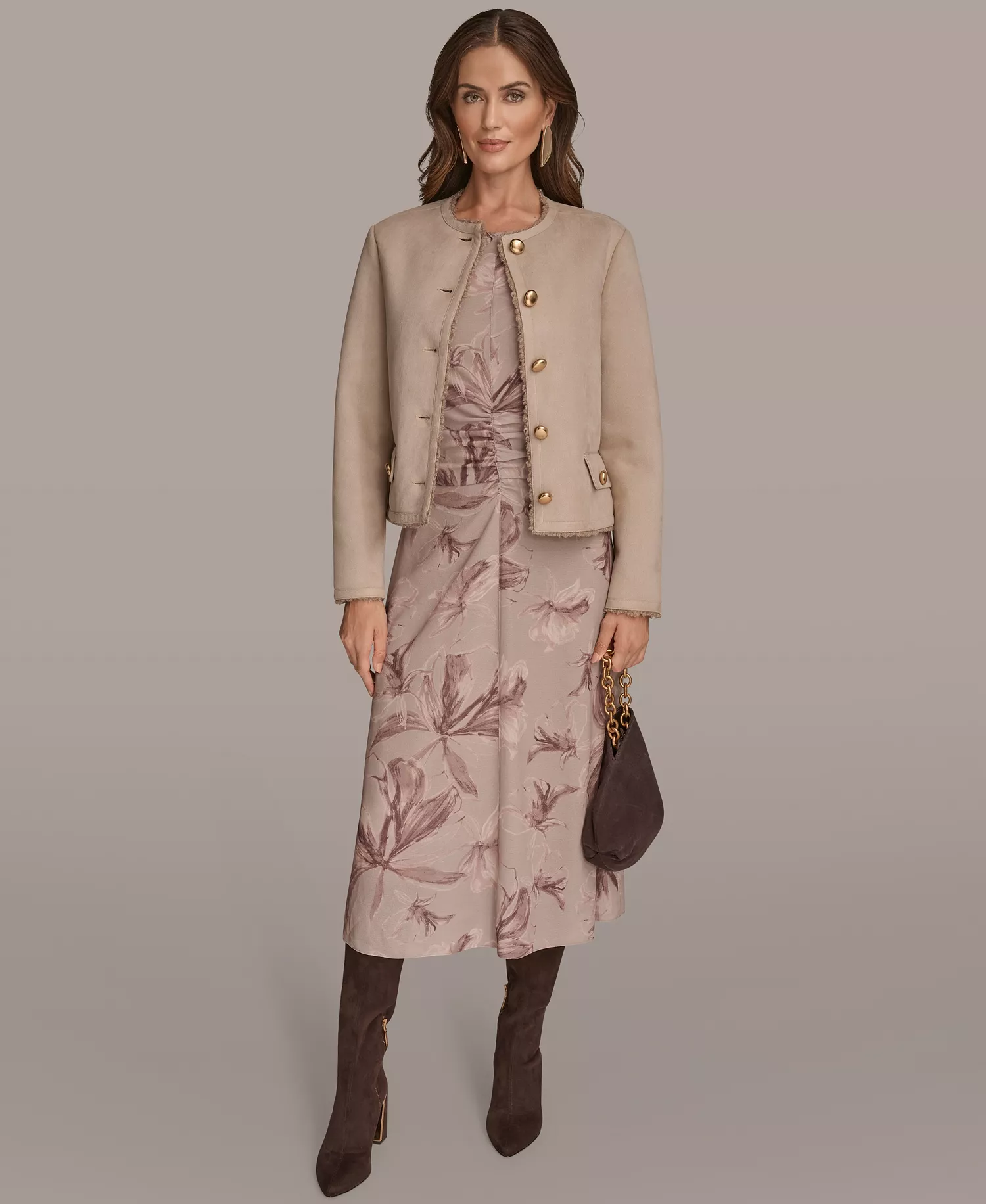 Women's Crewneck Button-Front Boxy Coat - Tan/Beige - L