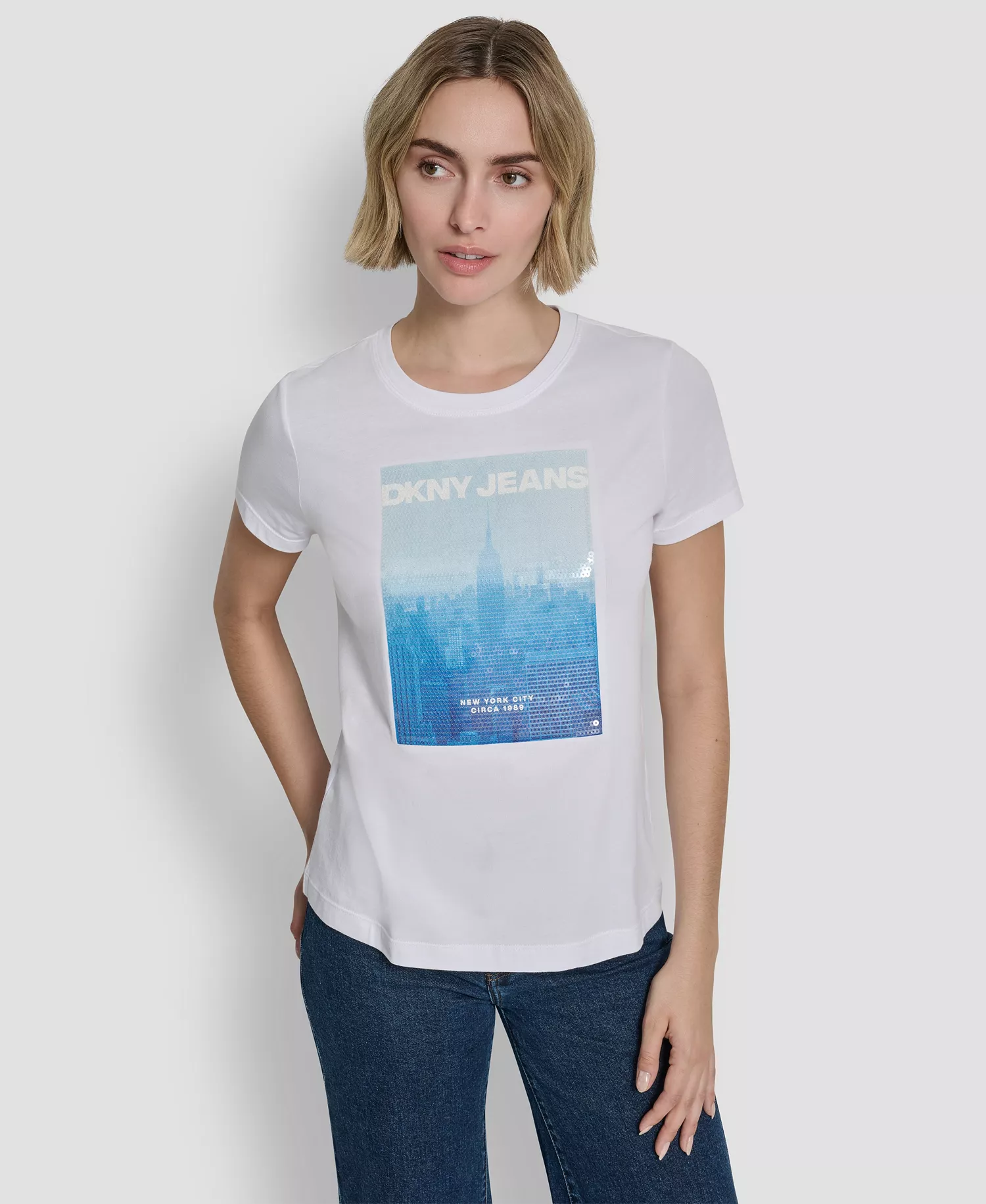 Women's Sequin Photoreal Logo Crewneck T-Shirt - White/clear Blue - L