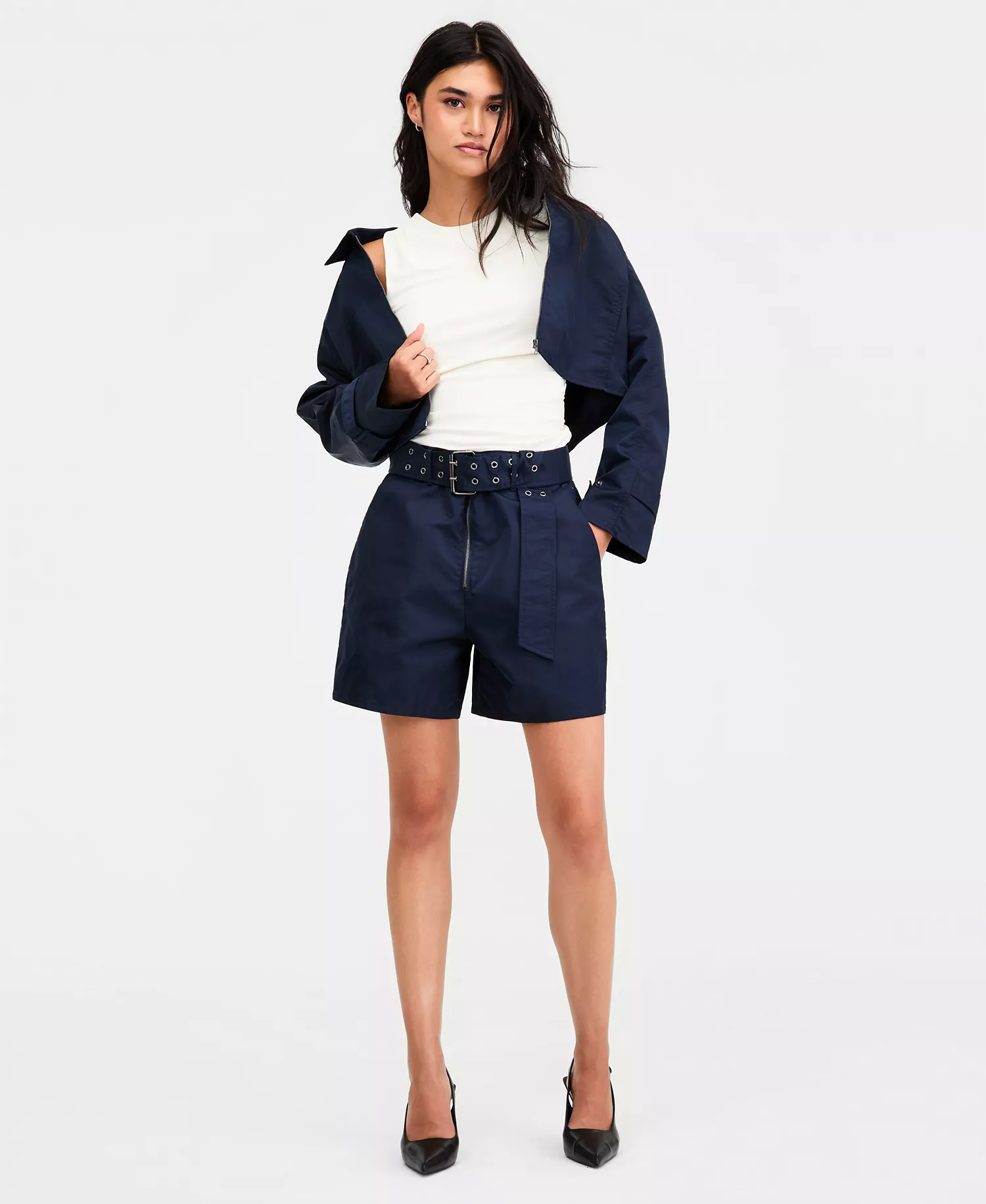 Women's Belted High-Rise Shorts, Macy's Exclusive - Navy - L