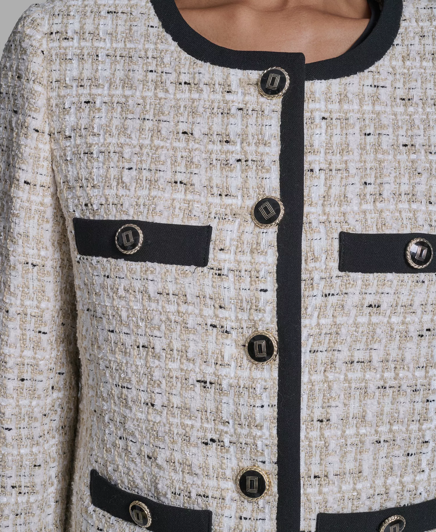 Women's Five-Button Round Neck Tweed Jacket - French Beige Multi - 0