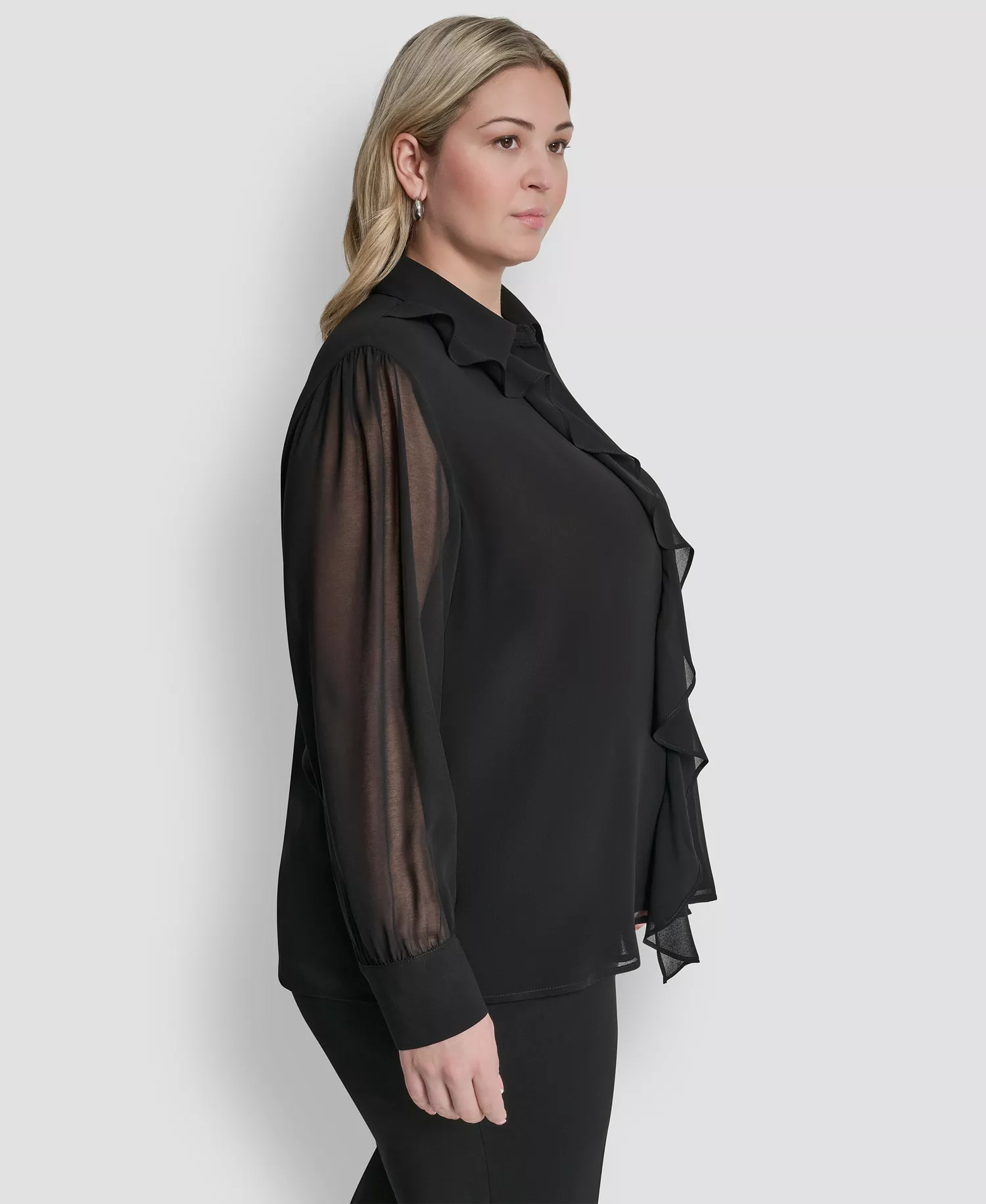 Plus Size Collared Ruffle Detail Long-Sleeve Top - Black - 1X
