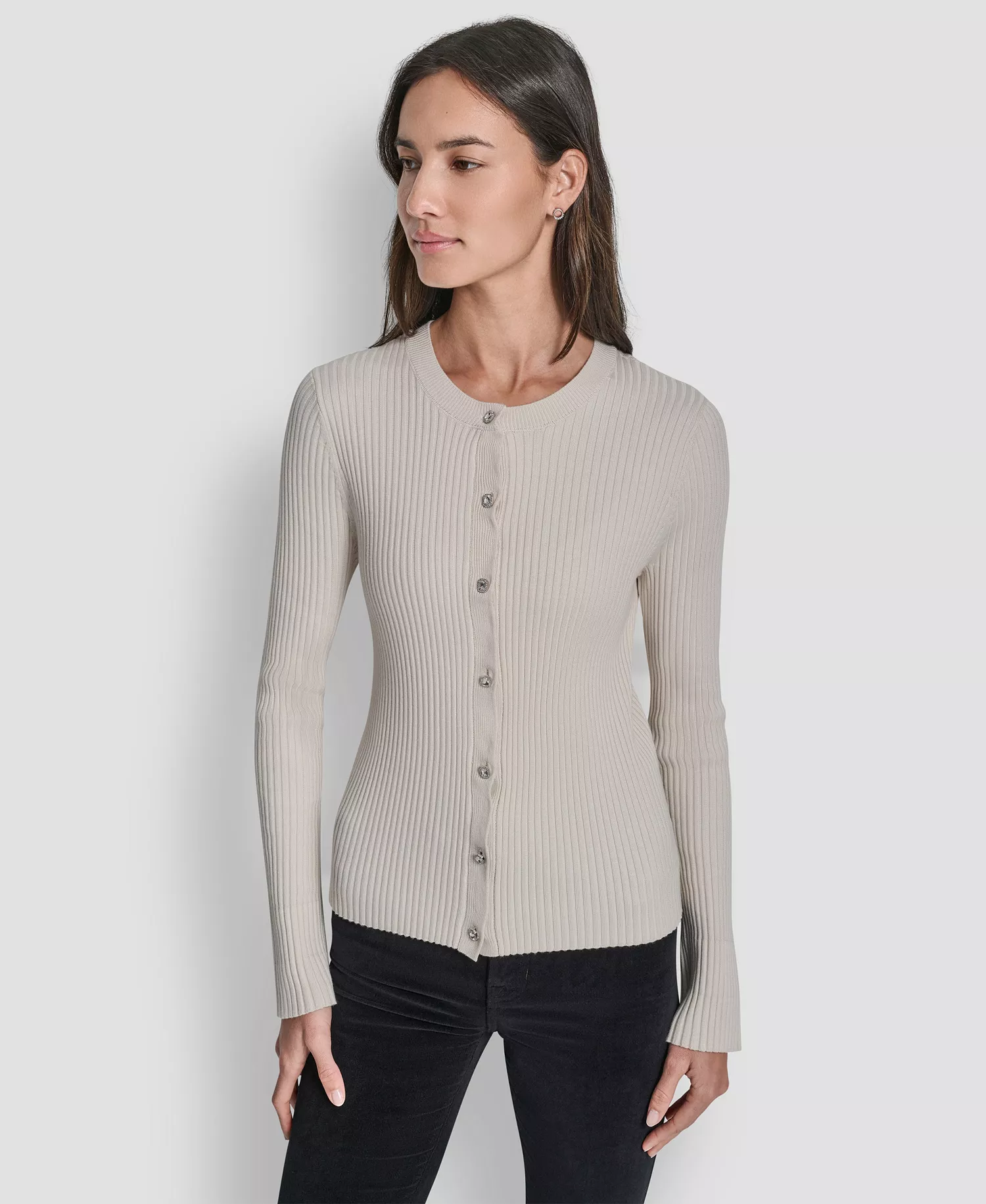 Women's Long-Sleeve Flare Ribbed Rhinestone Button Cardigan Sweater - Eggnog - L