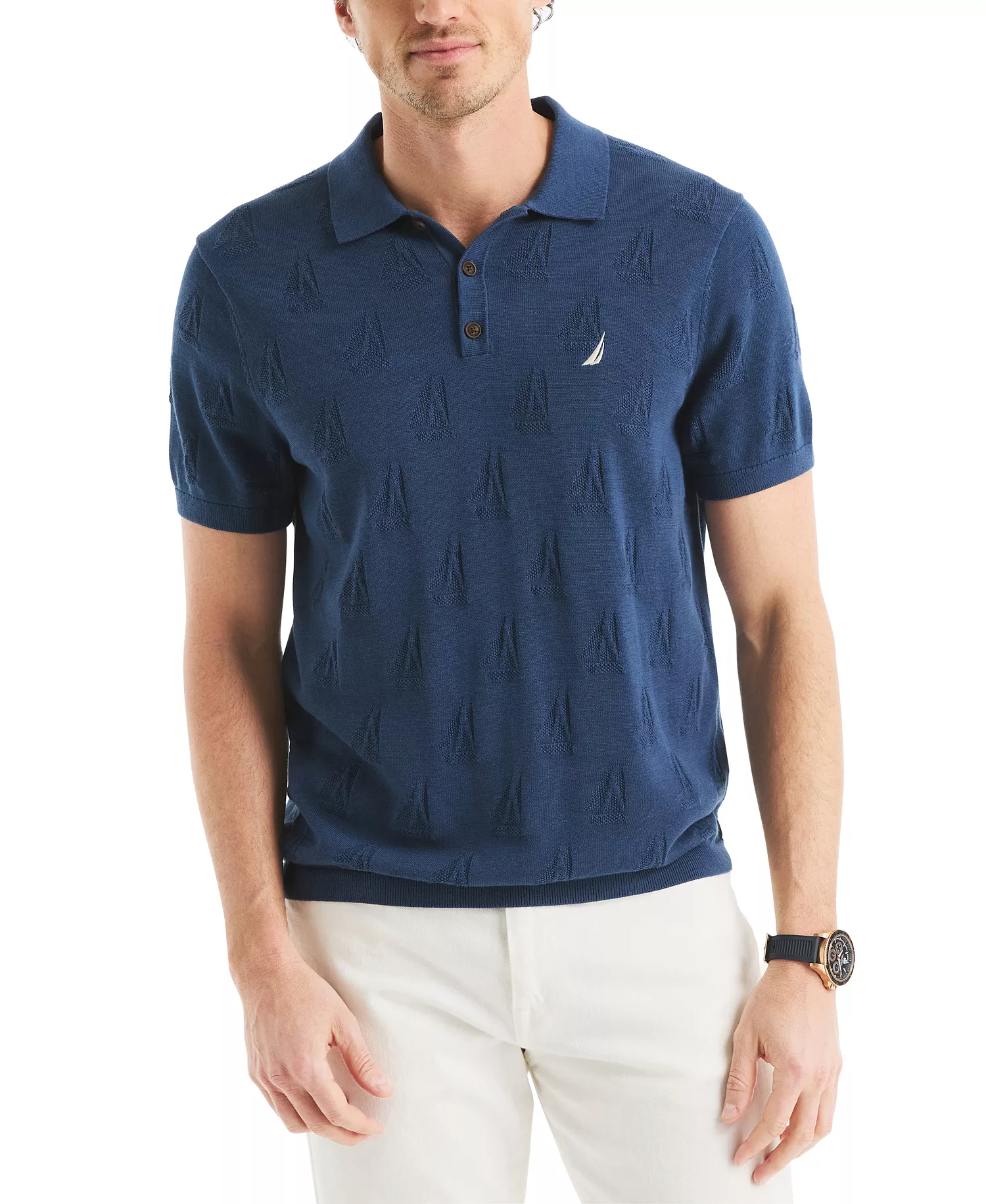Men's Sailboat Textured Sweater Polo Shirt - Lapis Blue - 2XL