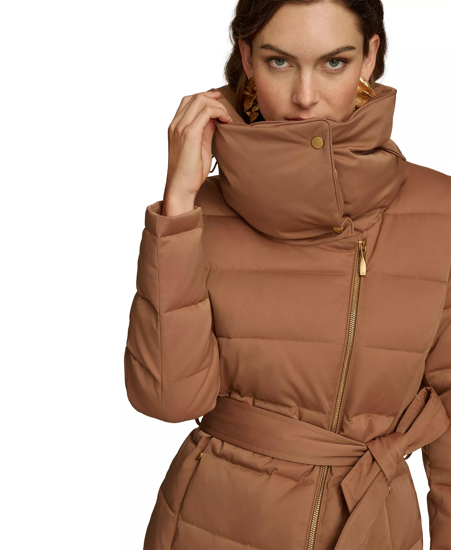 Women's Belted Asymmetric Puffer Coat - Antique Gold - L