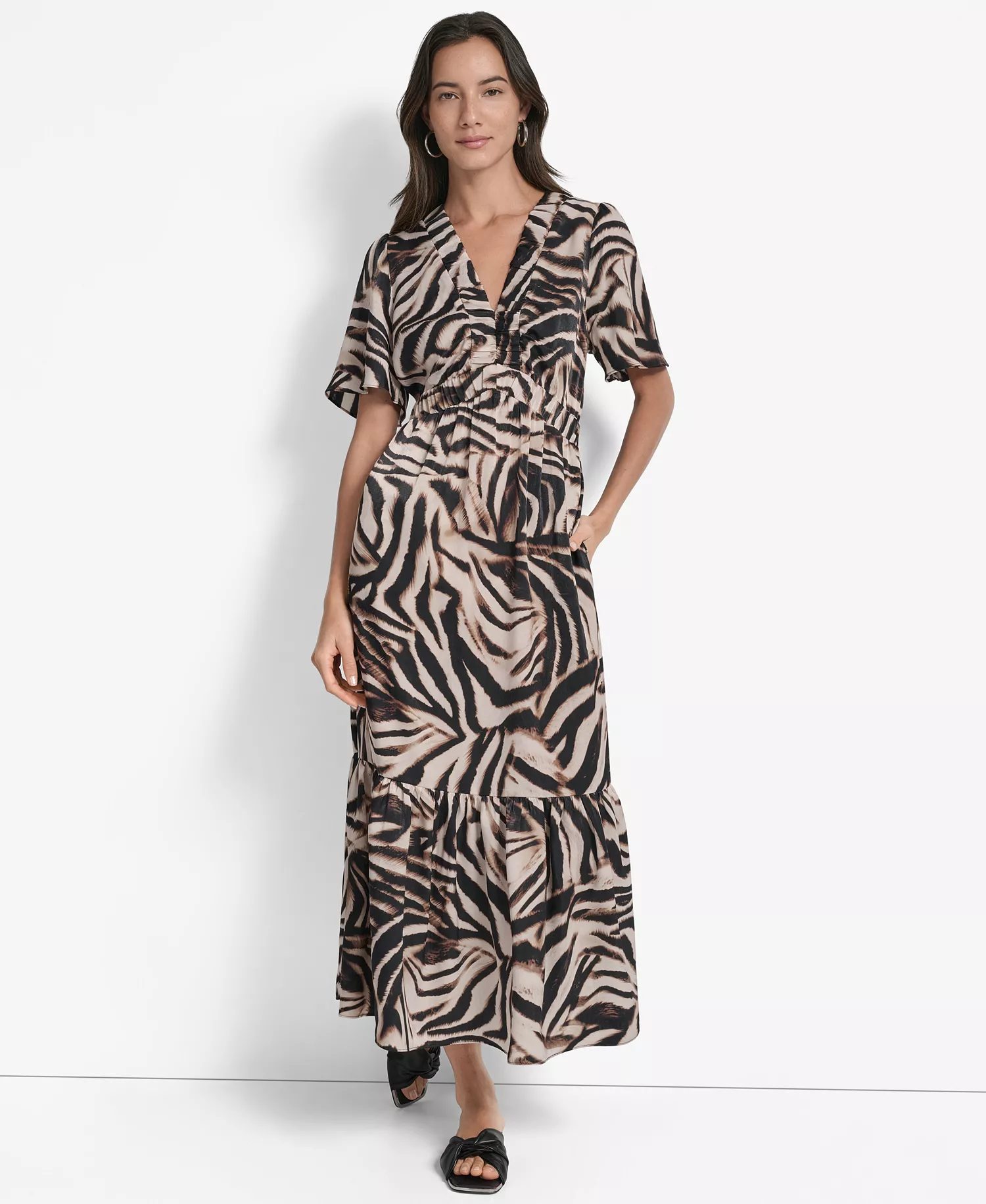 Women's Printed V-Neck Short-Sleeve Maxi Dress - Blurred Zebra - XS