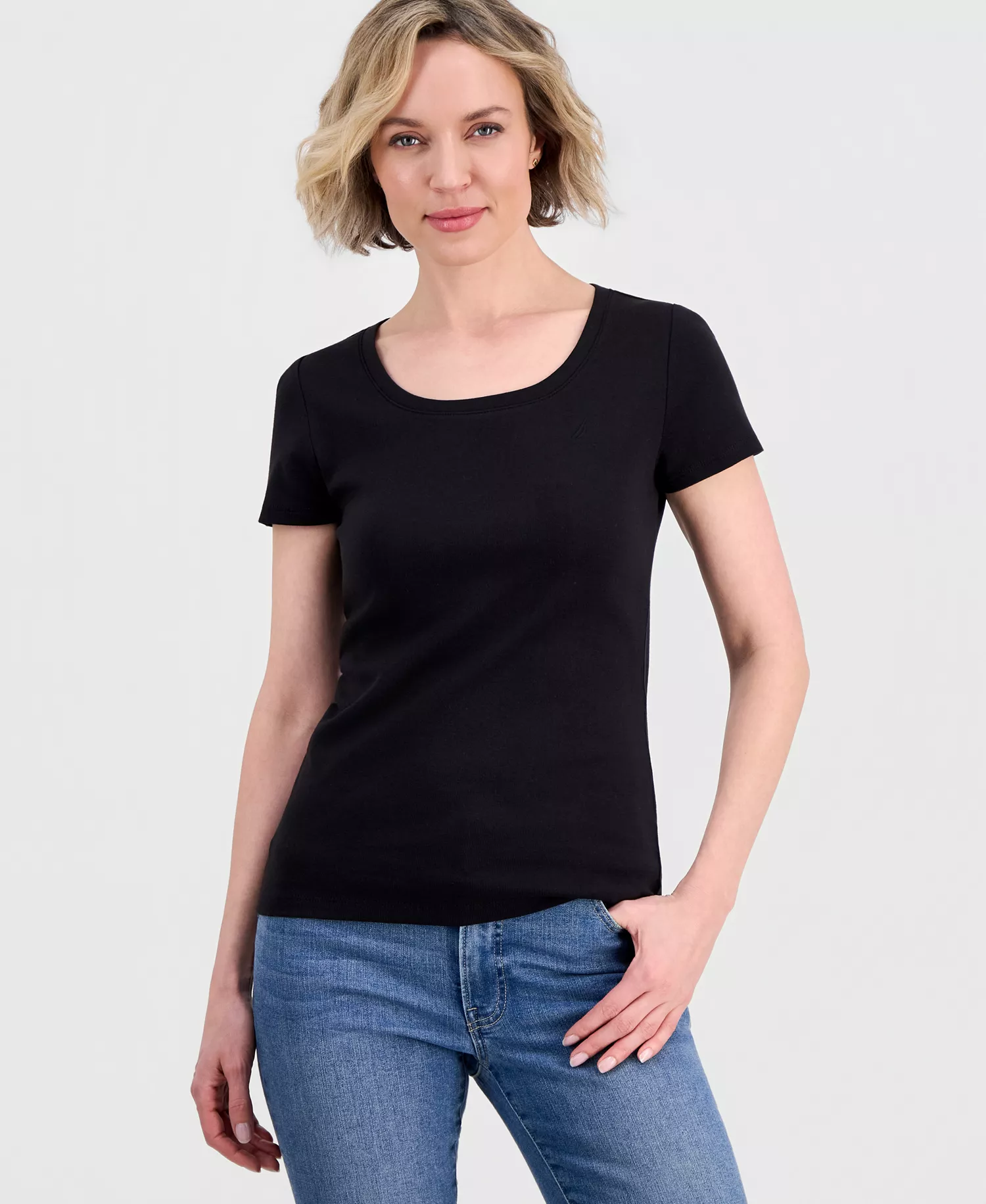 Jeans Women's Cotton Short-Sleeve Scoop-Neck Tee - Black - L