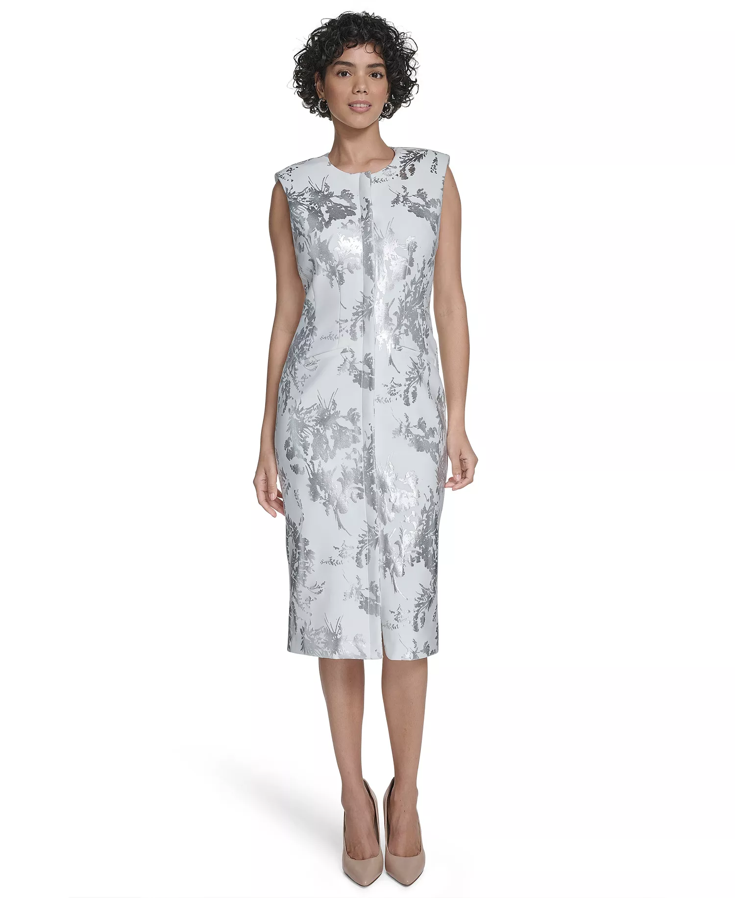 Women's Sleeveless Foil Printed Sheath Dress - Cream/sliver - 10