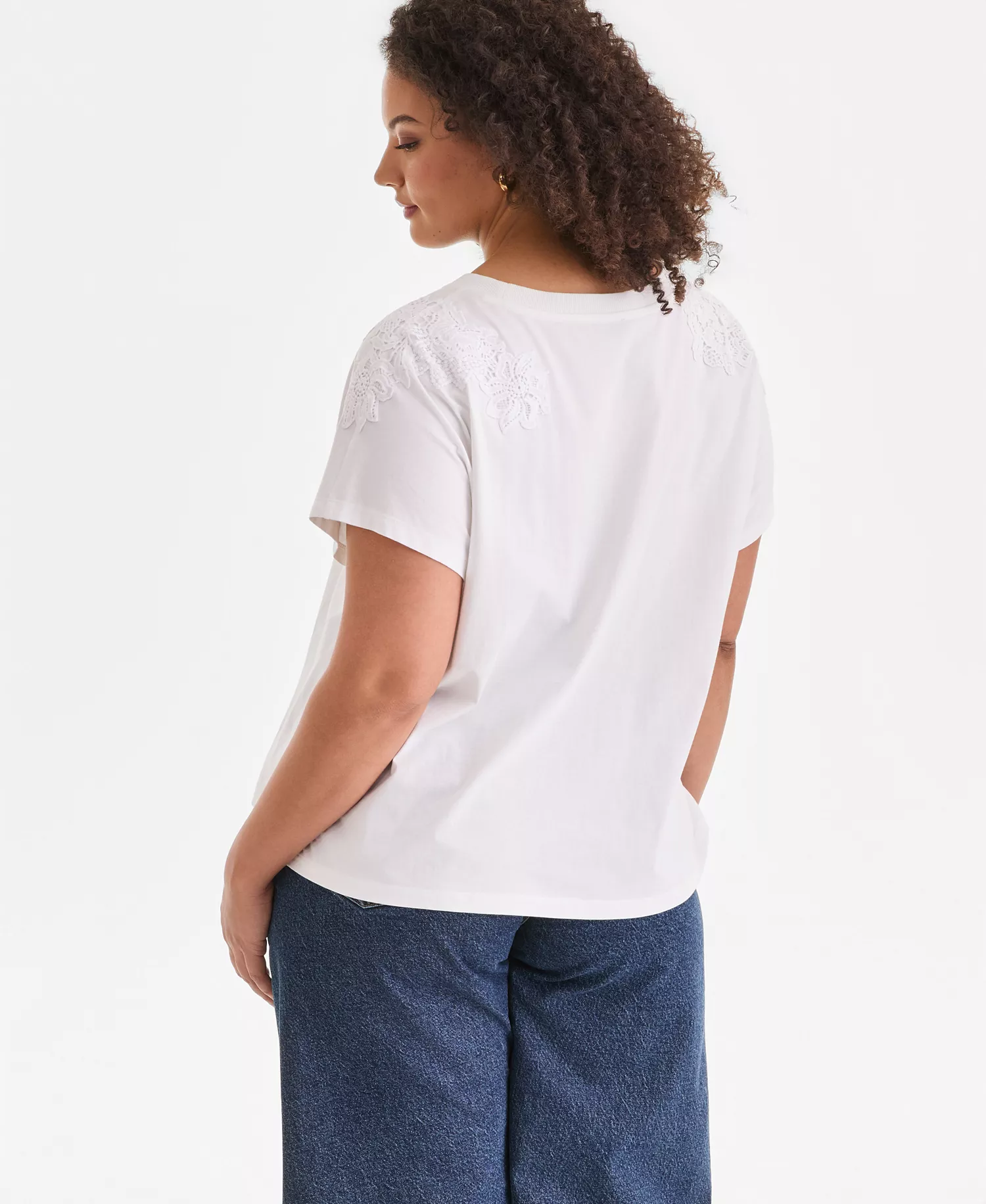 Plus Size Short-Sleeve Lace-Shoulder Tee, Created for Macy's - Bright White - 0X