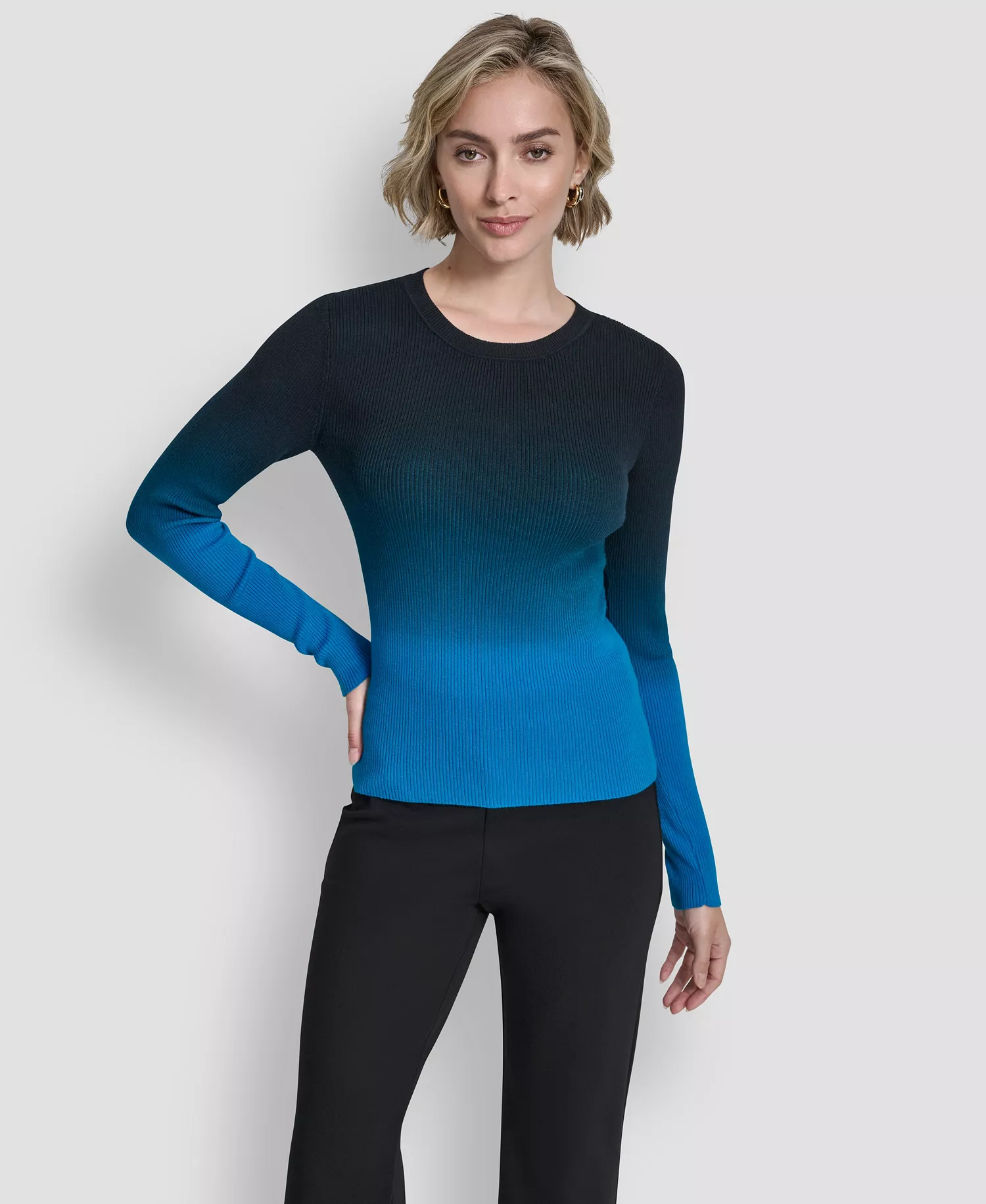 Women's Long-Sleeve Crewneck Dip Dye Sweater - Ocean Blue - XL
