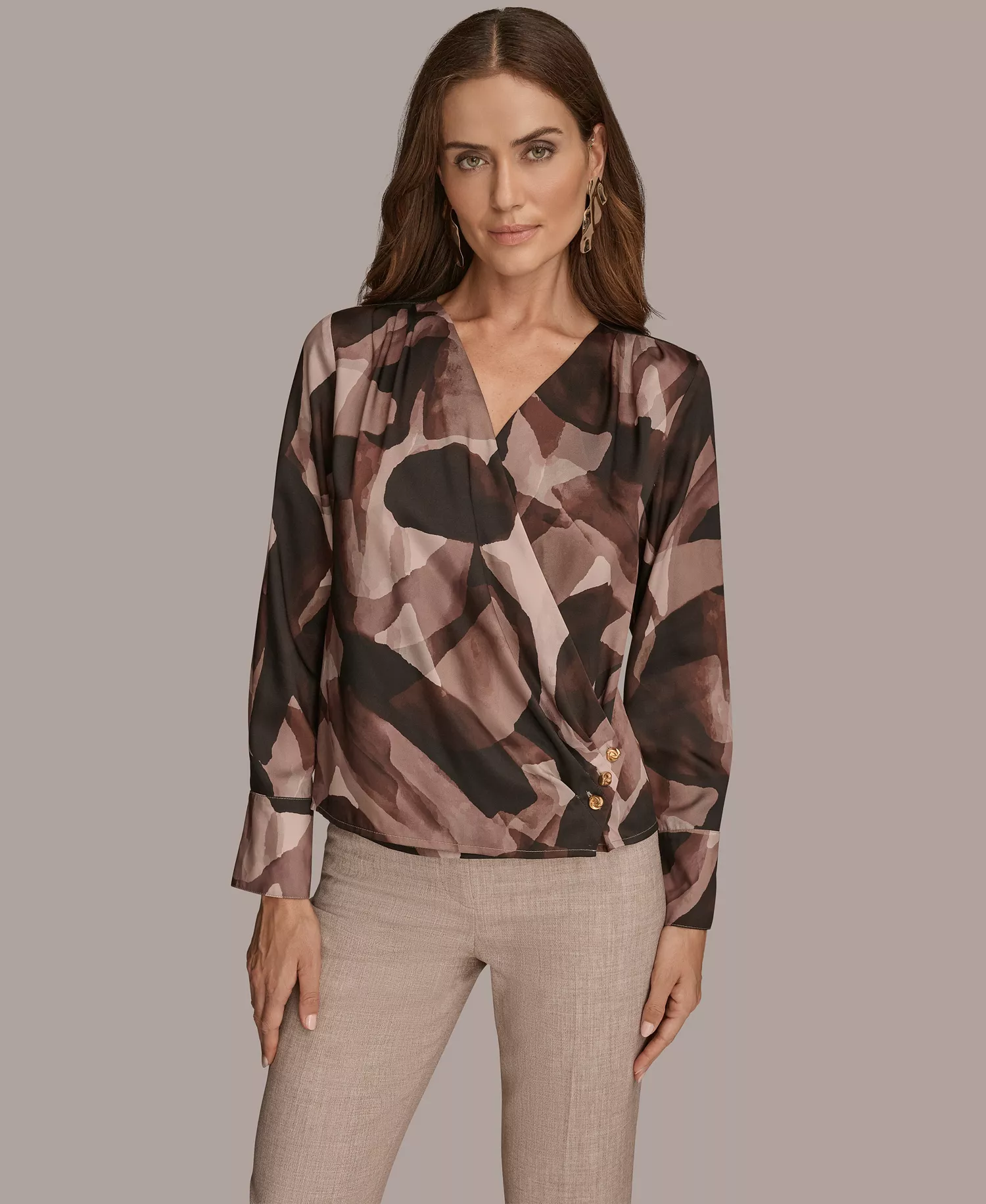 Petite Printed Satin Long Sleeve Wrap Top - Nolita Multi - P/M