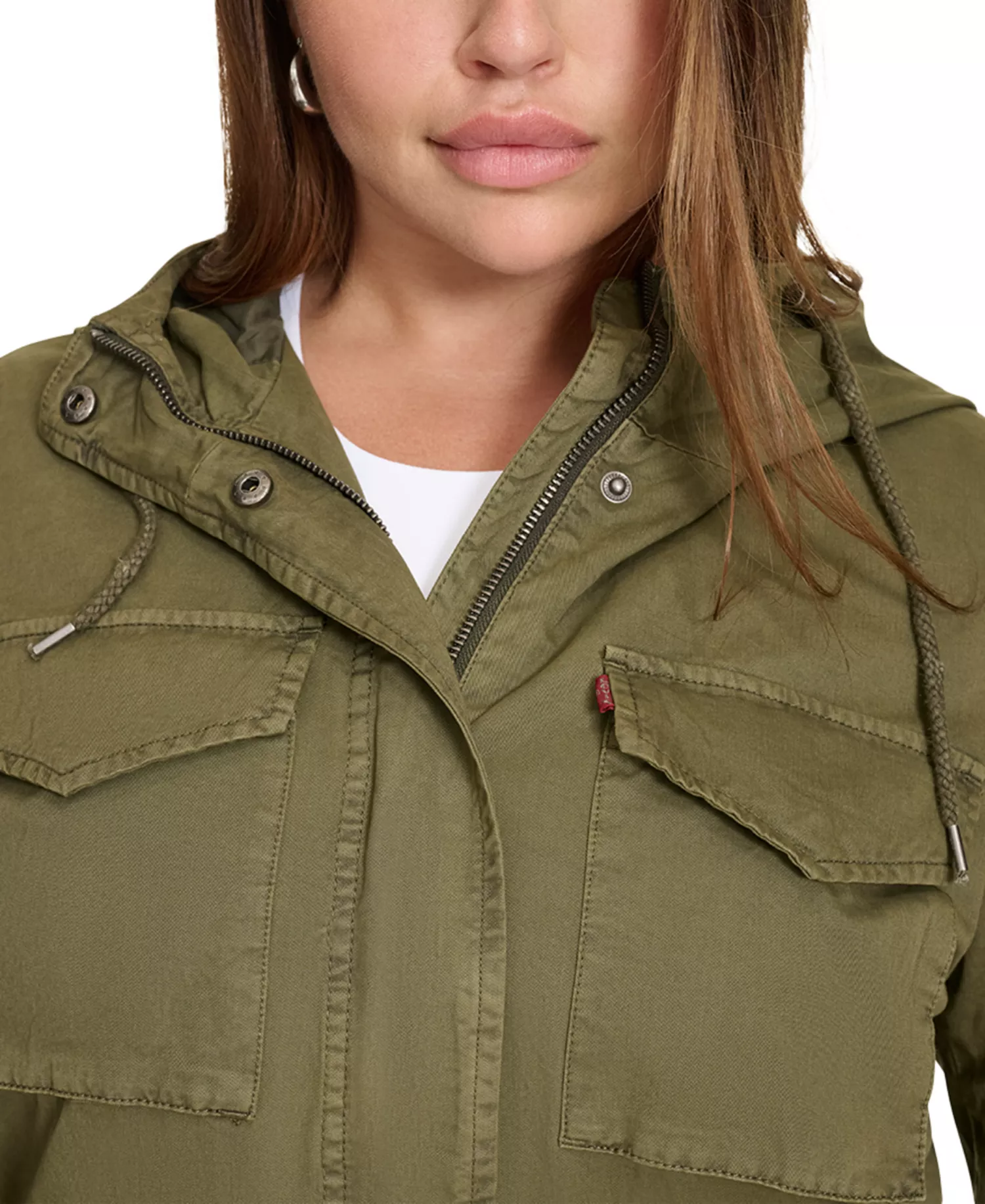 Plus Size Cotton Hooded Military Zip-Front Jacket  - Olive - 1X