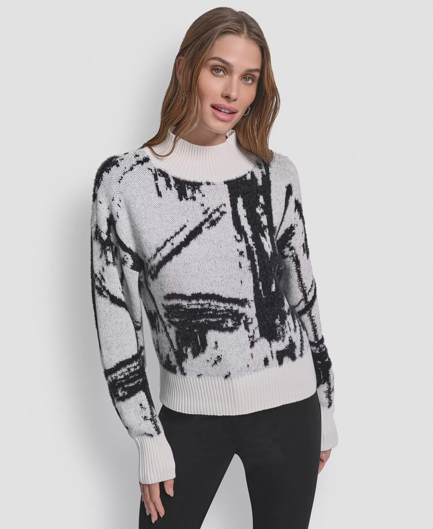 Women's Intarsia Oversized Pull On Sweater - Ivory/Black - XL