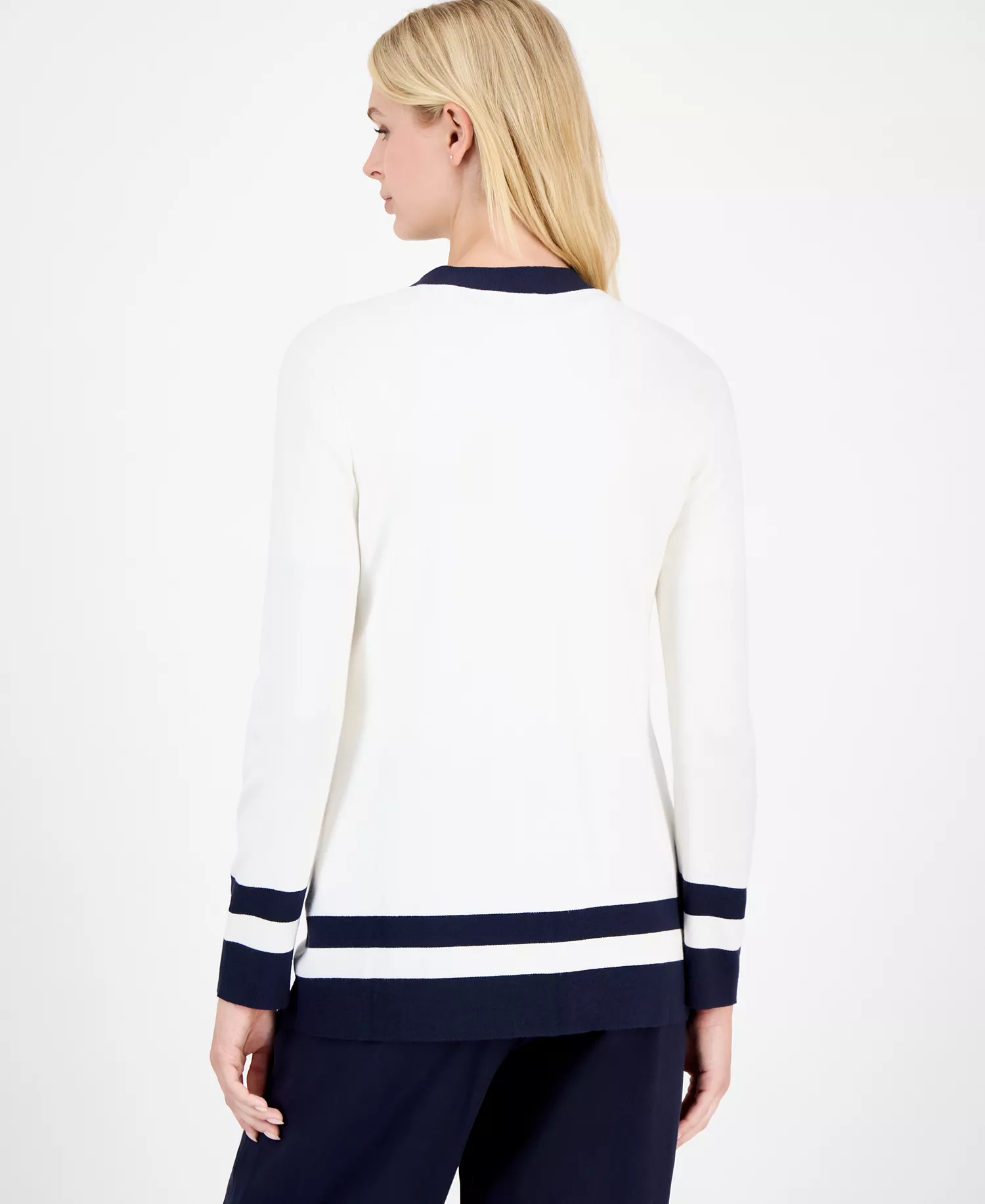 Nautica Women's Striped V-Neck Cardigan - Ivory/ Night Sky - L