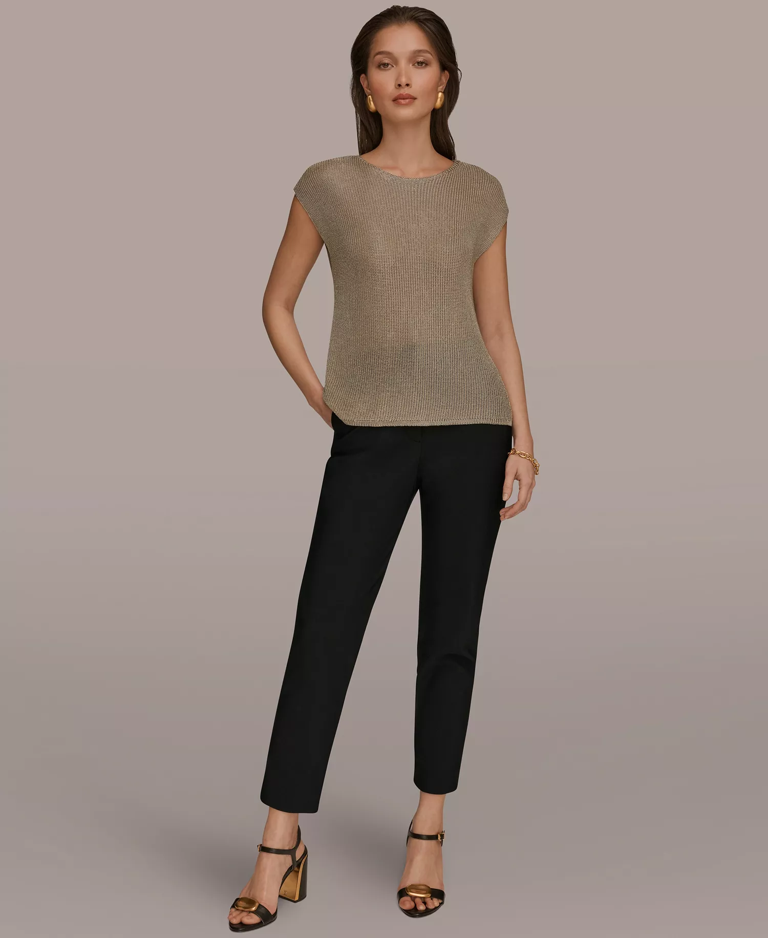 Women's Sleeveless Metallic Crew Neck Sweater - Tan/Beige - L