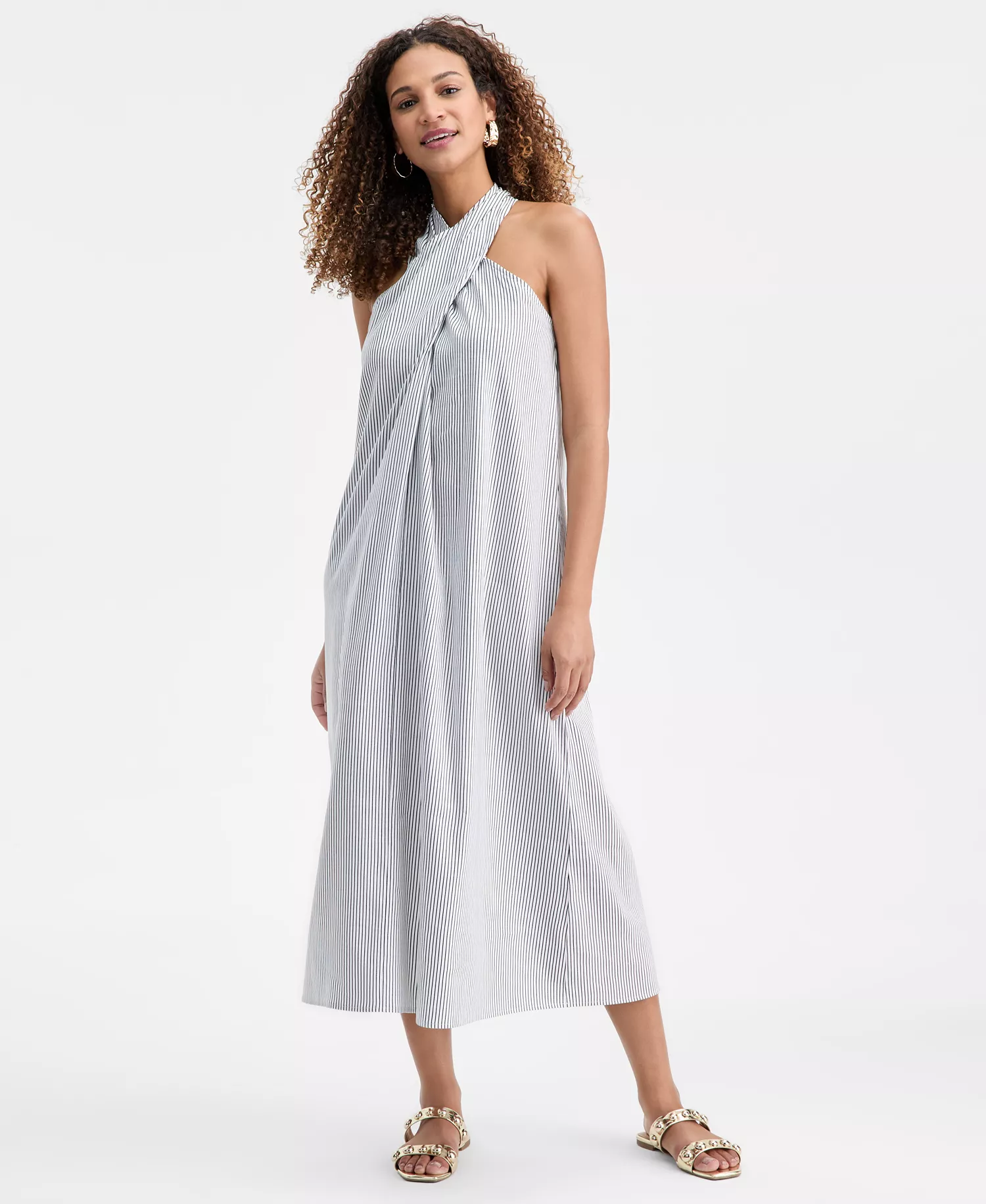 Linen-Blend Crossover Halter Midi Dress, Macy's Exclusive - Magda Stripe - M