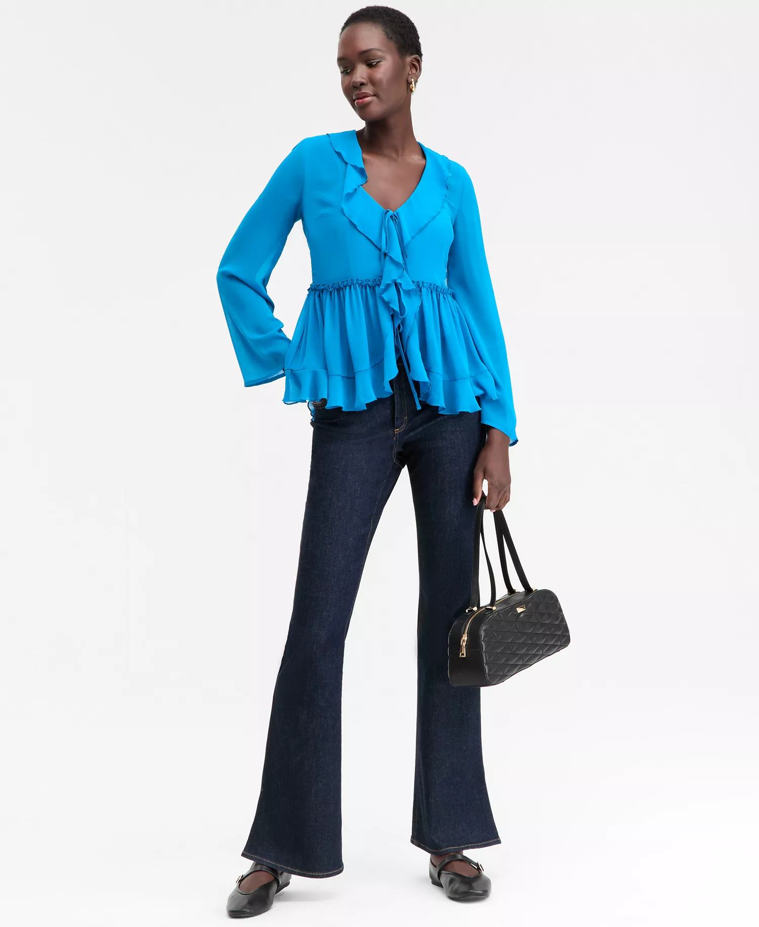 Women's Printed Ruffle-Collar Top, Macy's Exclusive - Bijoux Blu - L