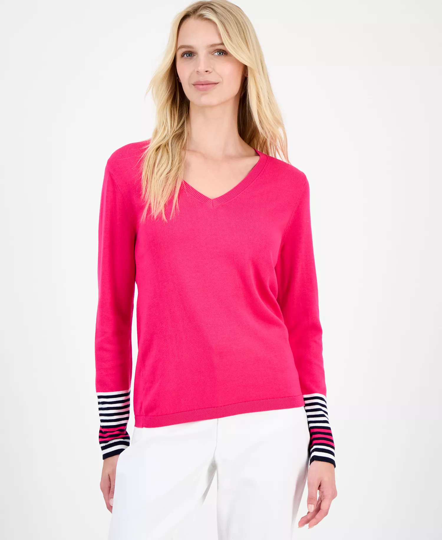 Nautica Women's Cotton V-Neck Sweater - Aster Pink Multi - L