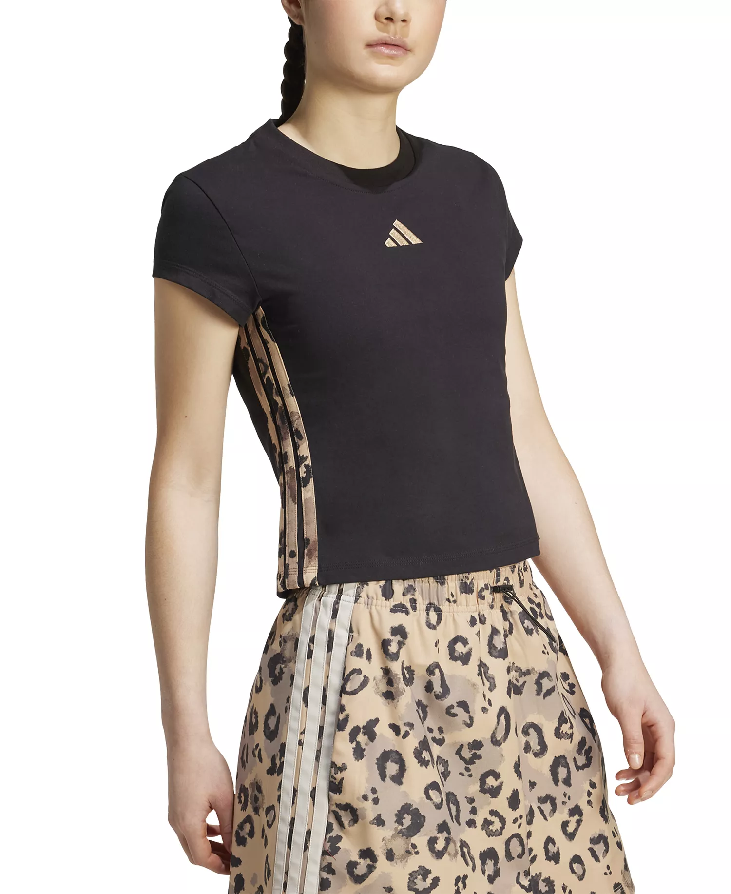 Women's Leopard-Print Trim Slim-Fit T-Shirt - Black/multicolor/warm Sandstone - L