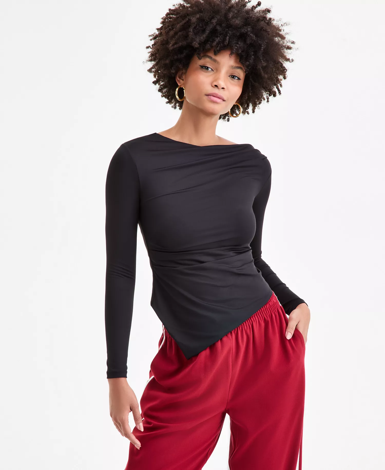 Women's Asymmetrical-Hem Boatneck Top, Macy's Exclusive  - Black - L