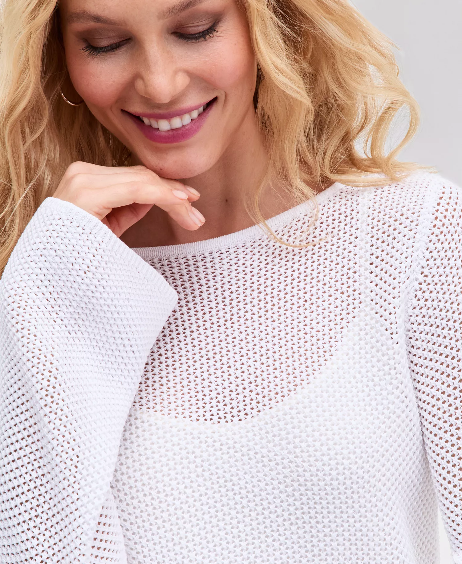 Women's Long Sleeve Open-Knit Sweater, Macy's Exclusive - Bright White - L