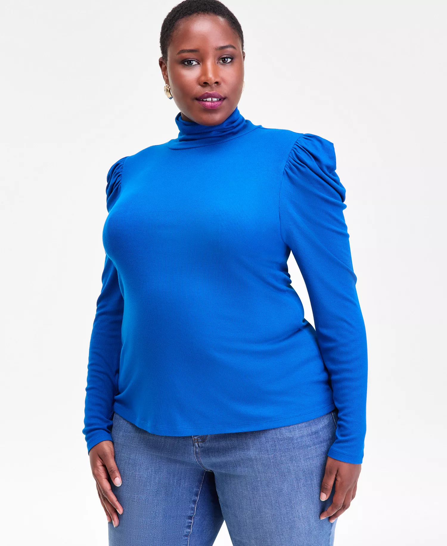Plus Size Puff-Shoulder Ribbed Turtleneck, Created for Macy's - Cobalt Dre - 0X