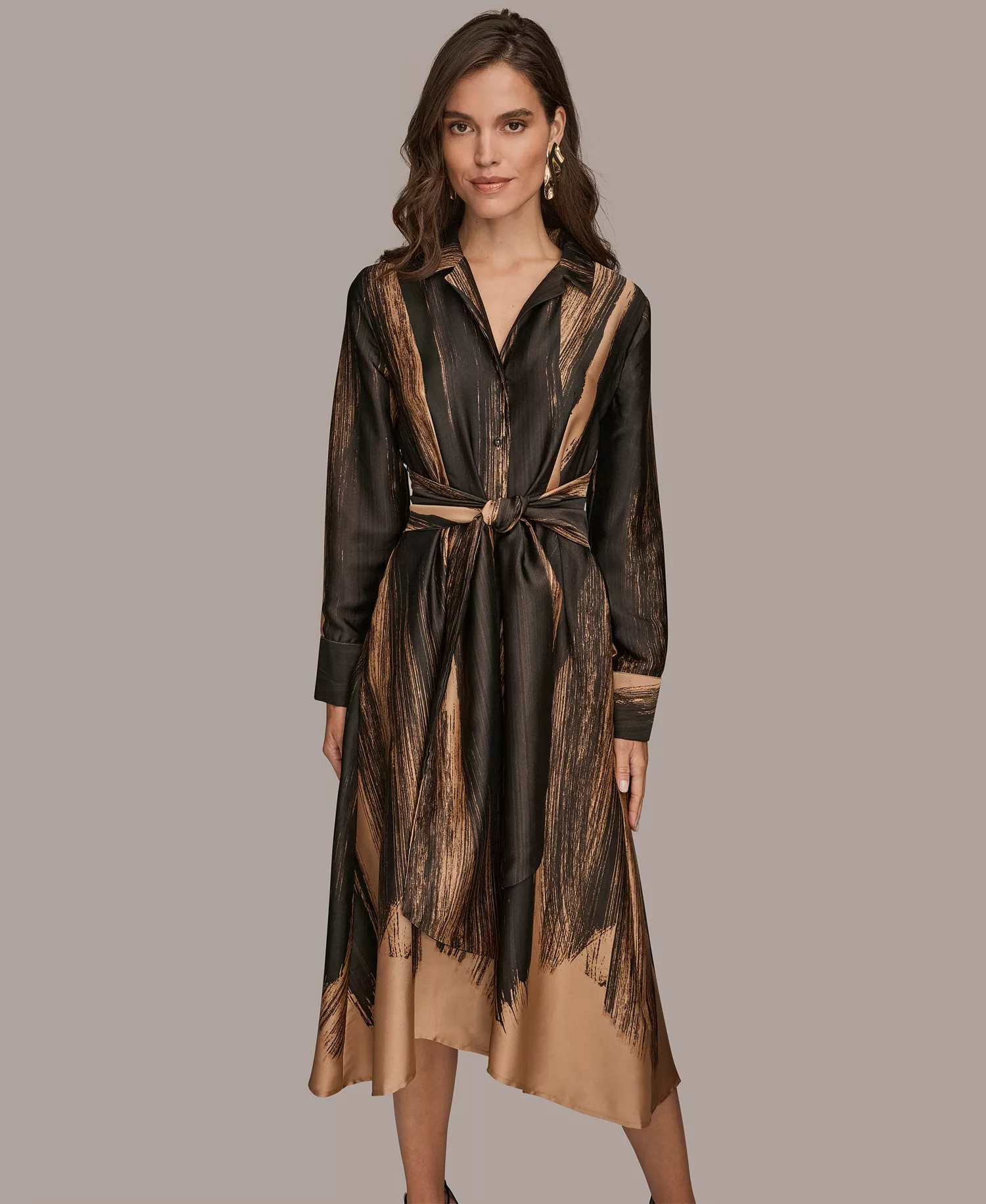 Women's Printed Long Sleeve Twist Waist Dress - Black/Fawn - XS