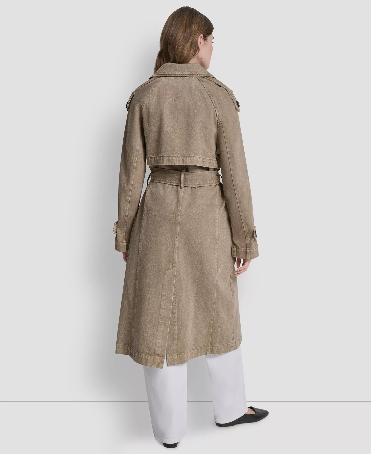 Women's Double Breasted Denim Belted Trench Coat - Khaki - L