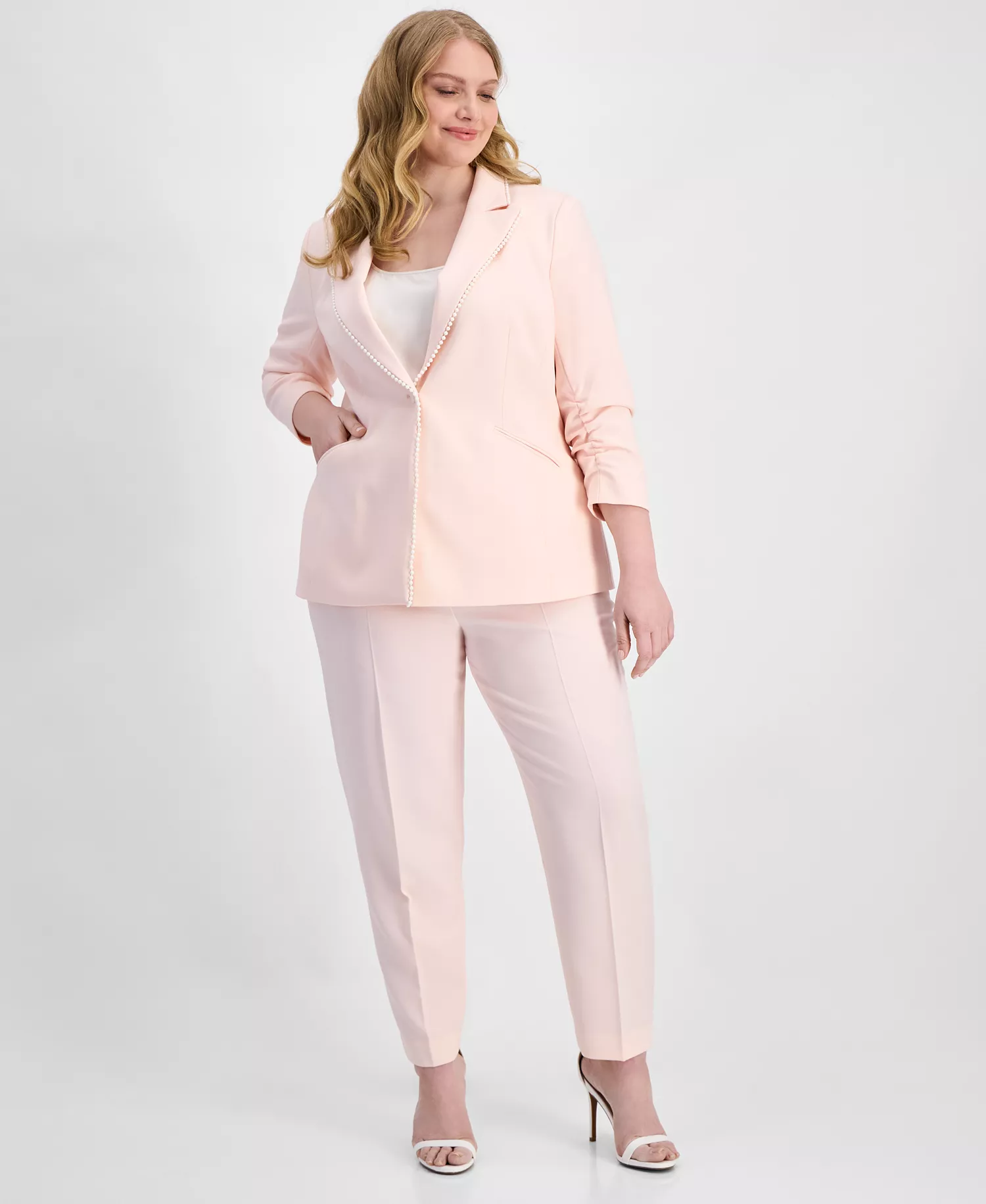 Plus Size Faux-Pearl-Trim Ruched-Sleeve Blazer - Tea Rose - 14W