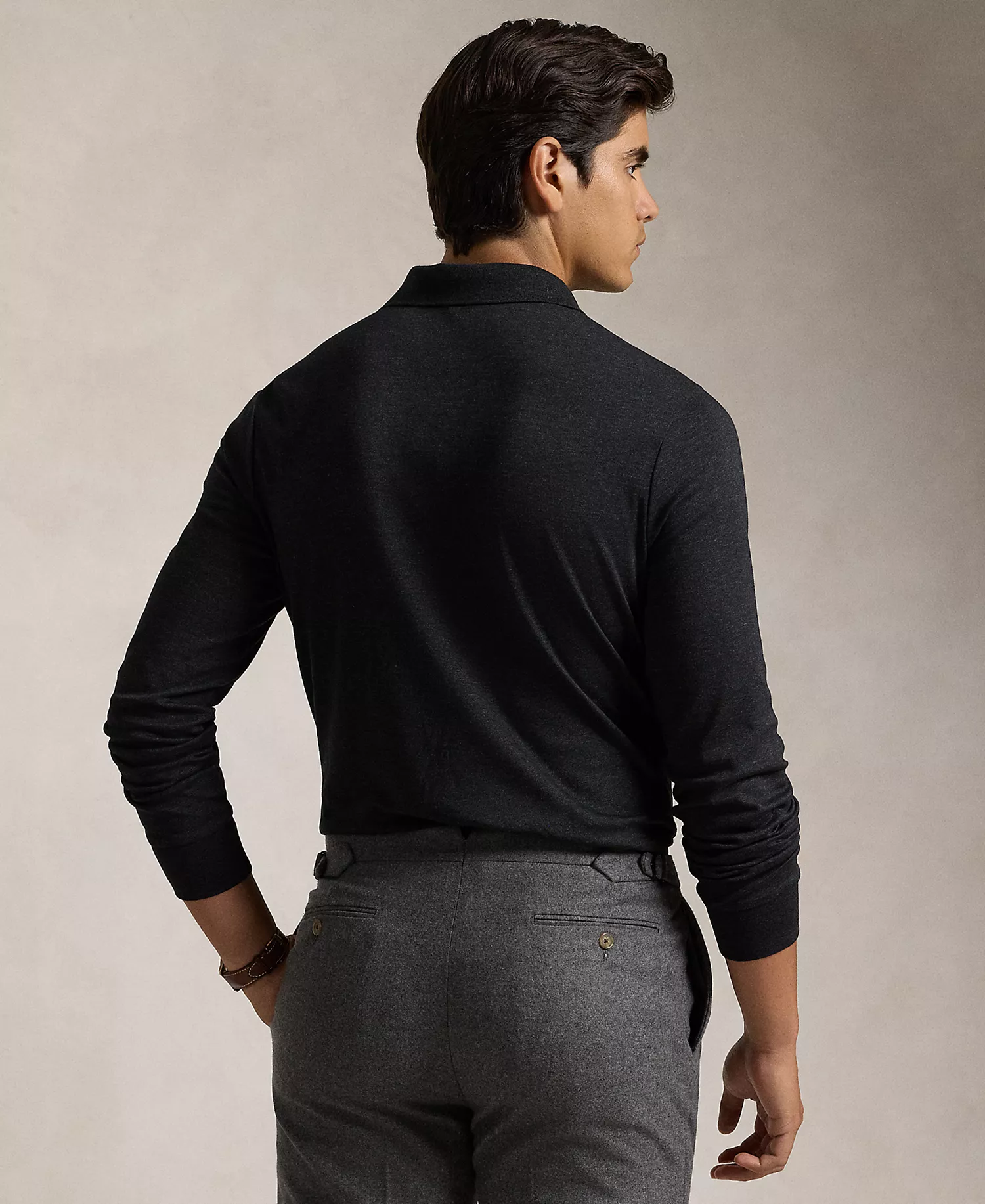Men's Classic-Fit Long Sleeve Soft Cotton Polo Shirt - Black Marl Heather - 2XL