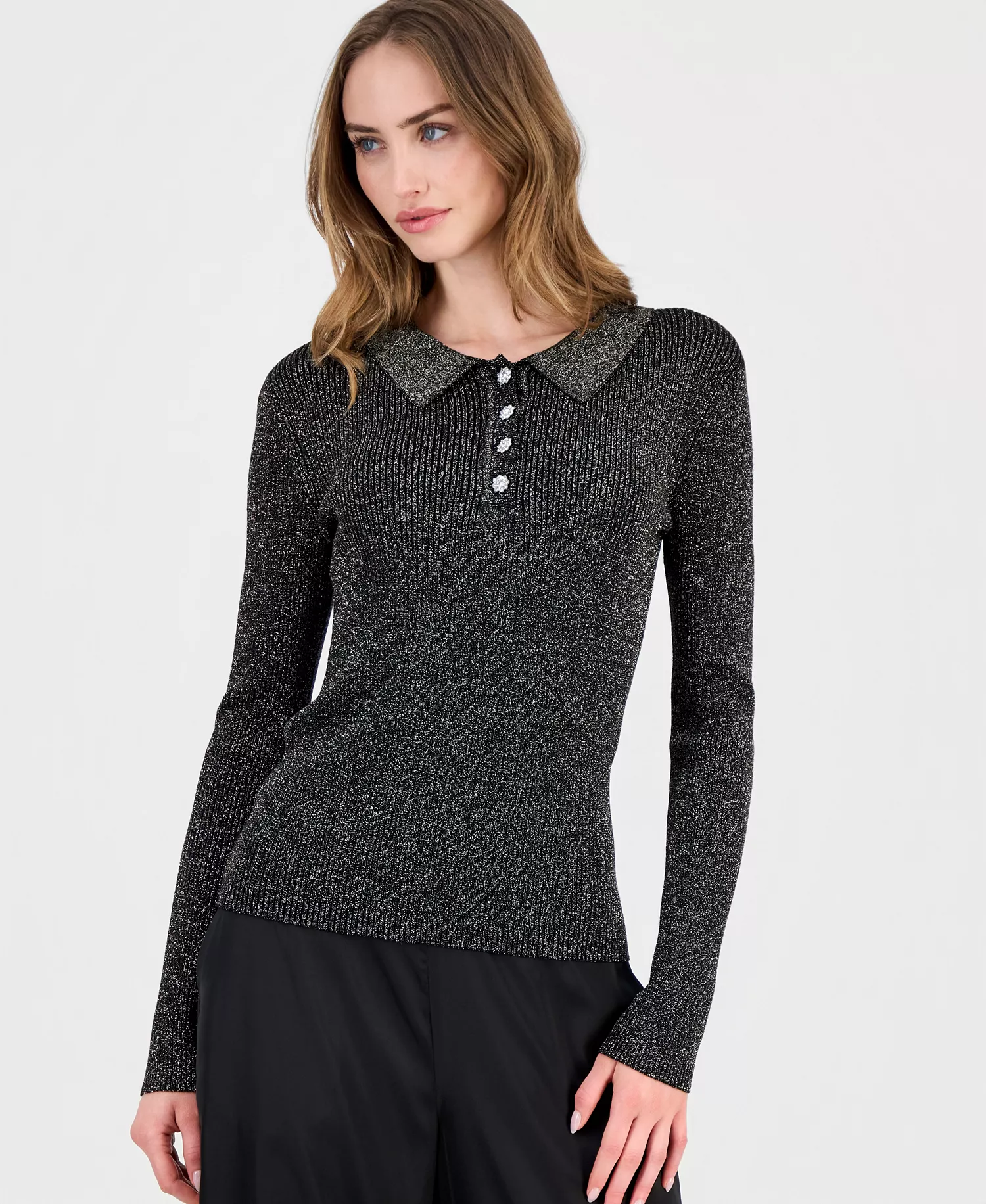 Women's Collared Ribbed Metallic Top - Black Lurex - L