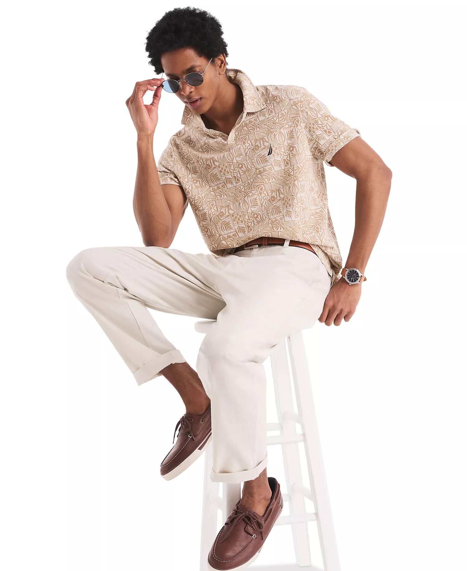 Men's Classic-Fit Leaf-Pattern Polo Shirt - Sandy Bar - S