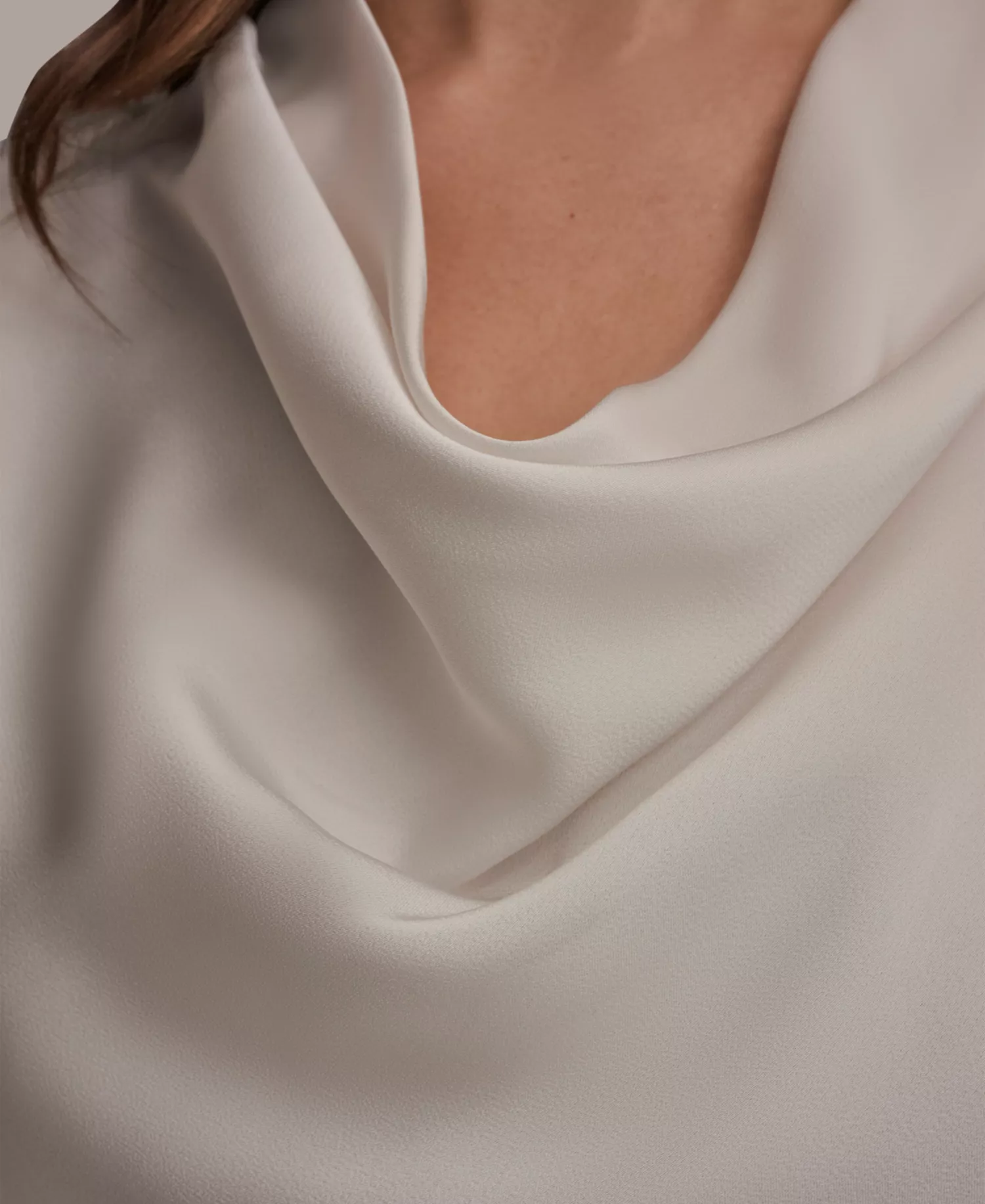 Women's Long-Sleeve Mix Media Cowl Front Top - Cream - L