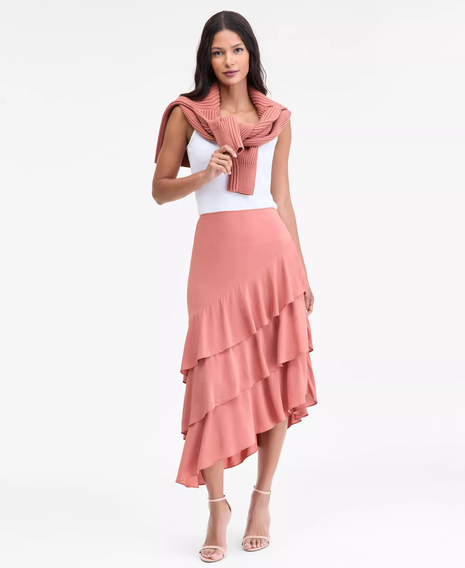 Women's Asymmetrical Ruffle Midi Skirt, Macy's Exclusive - Copper Brown - 0