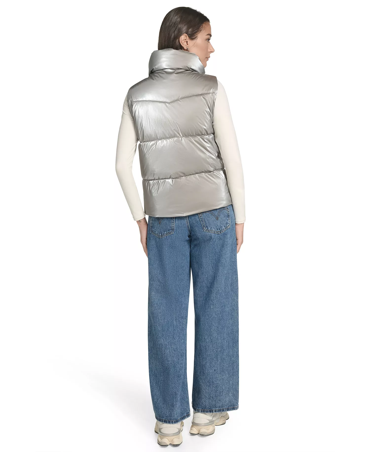 Women's Regular Stand Collar Puffer Vest Jacket - Silver - L