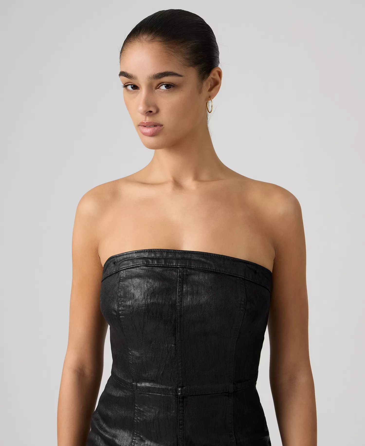 Premium Women's Coated Seamed Bustier Denim Midi Dress - Prize Fight - M