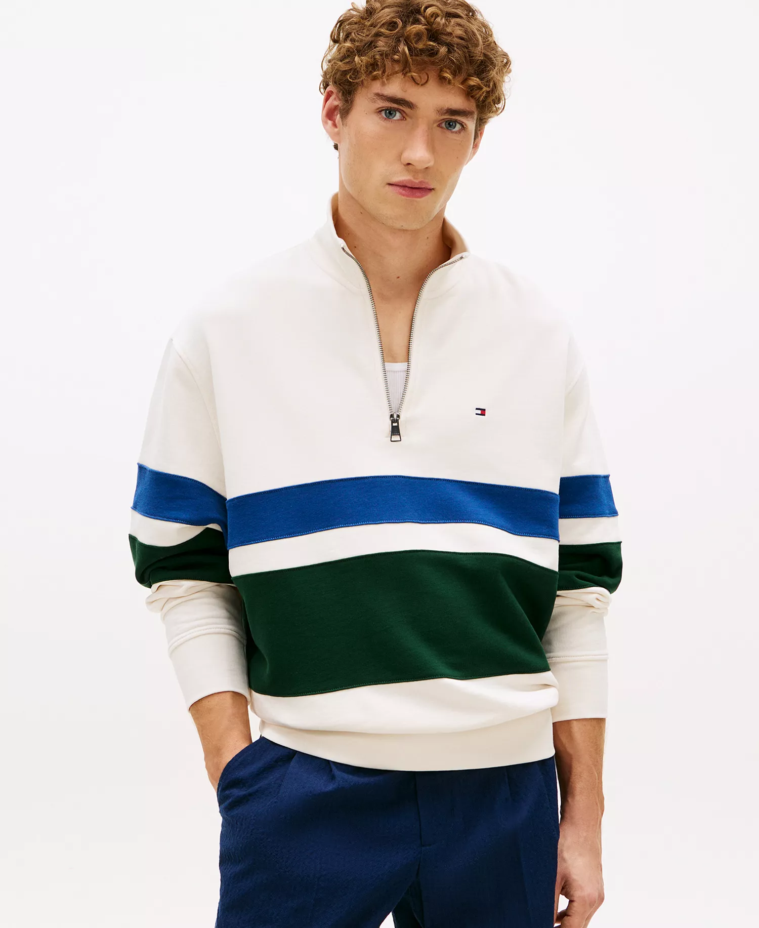 Men's Country Club Stripe Quarter-Zip Sweatshirt - Ivory Petal/Blue/Black - L